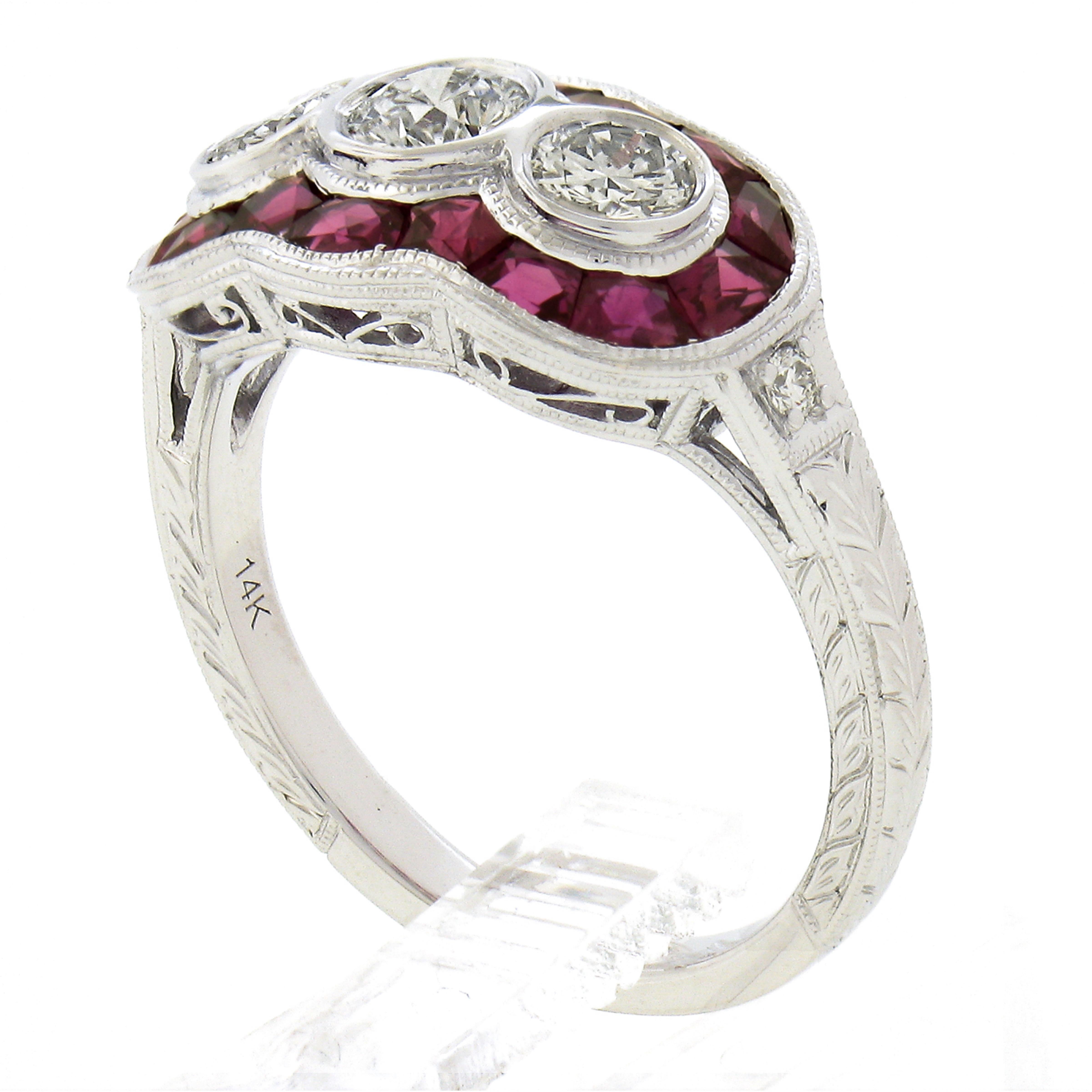 Neuer 14k Weißgold 1,95 Karat Rubin & runder Diamant Weizengravur Beine Bandring mit Gravur im Angebot 2