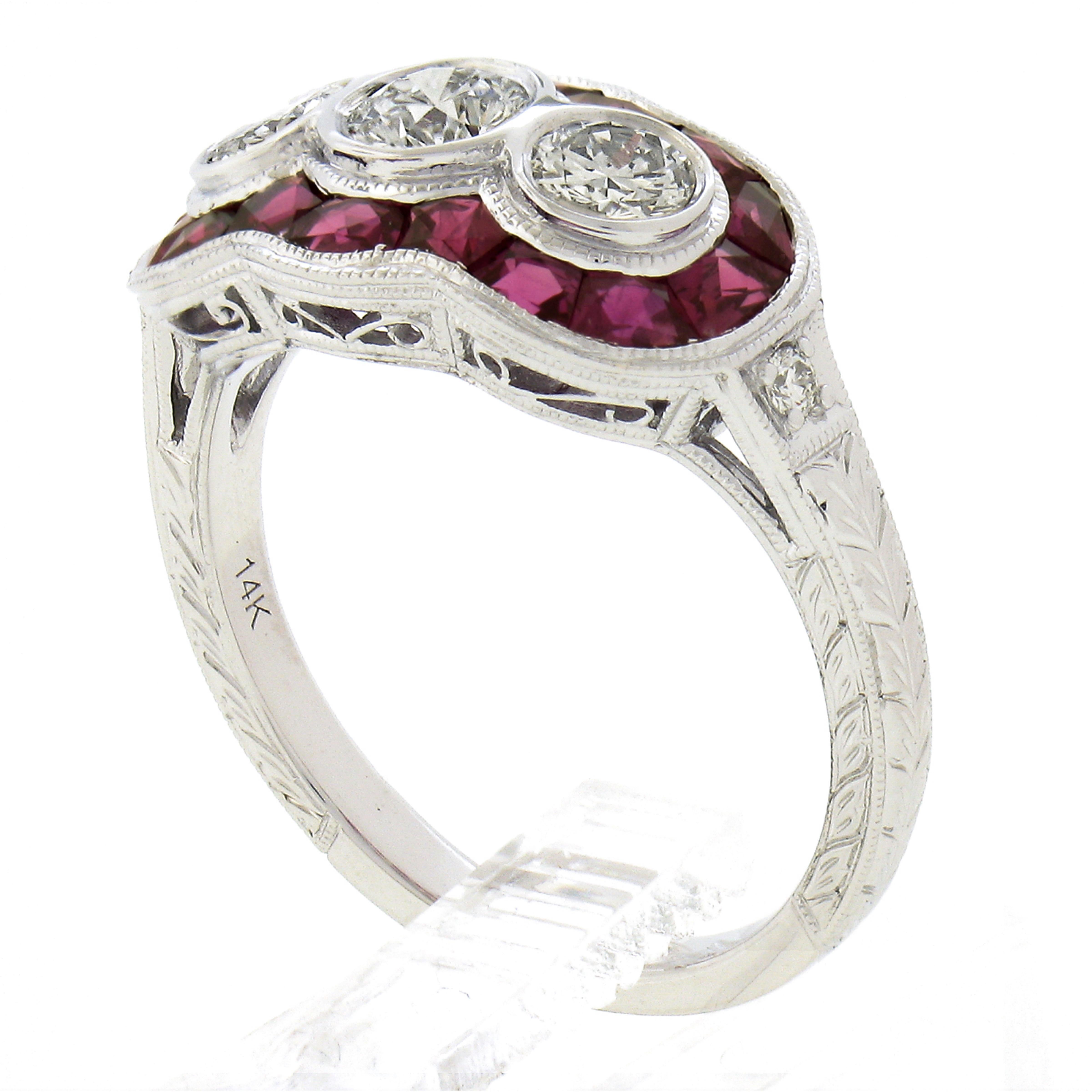 New 14k White Gold 1.95ctw Ruby & Round Diamond Wheat Engraved Sides Band Ring For Sale 2