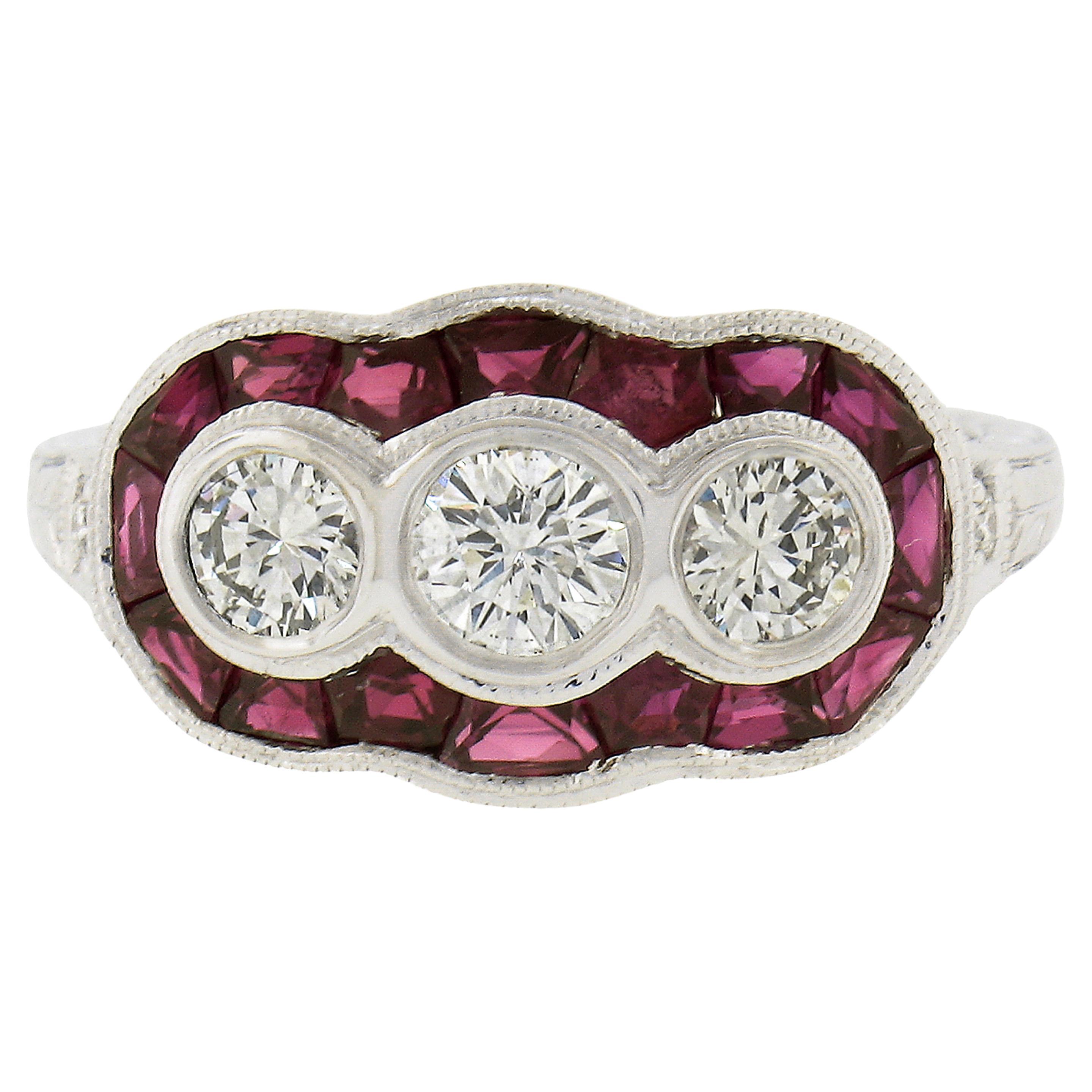 New 14k White Gold 1.95ctw Ruby & Round Diamond Wheat Engraved Sides Band Ring For Sale