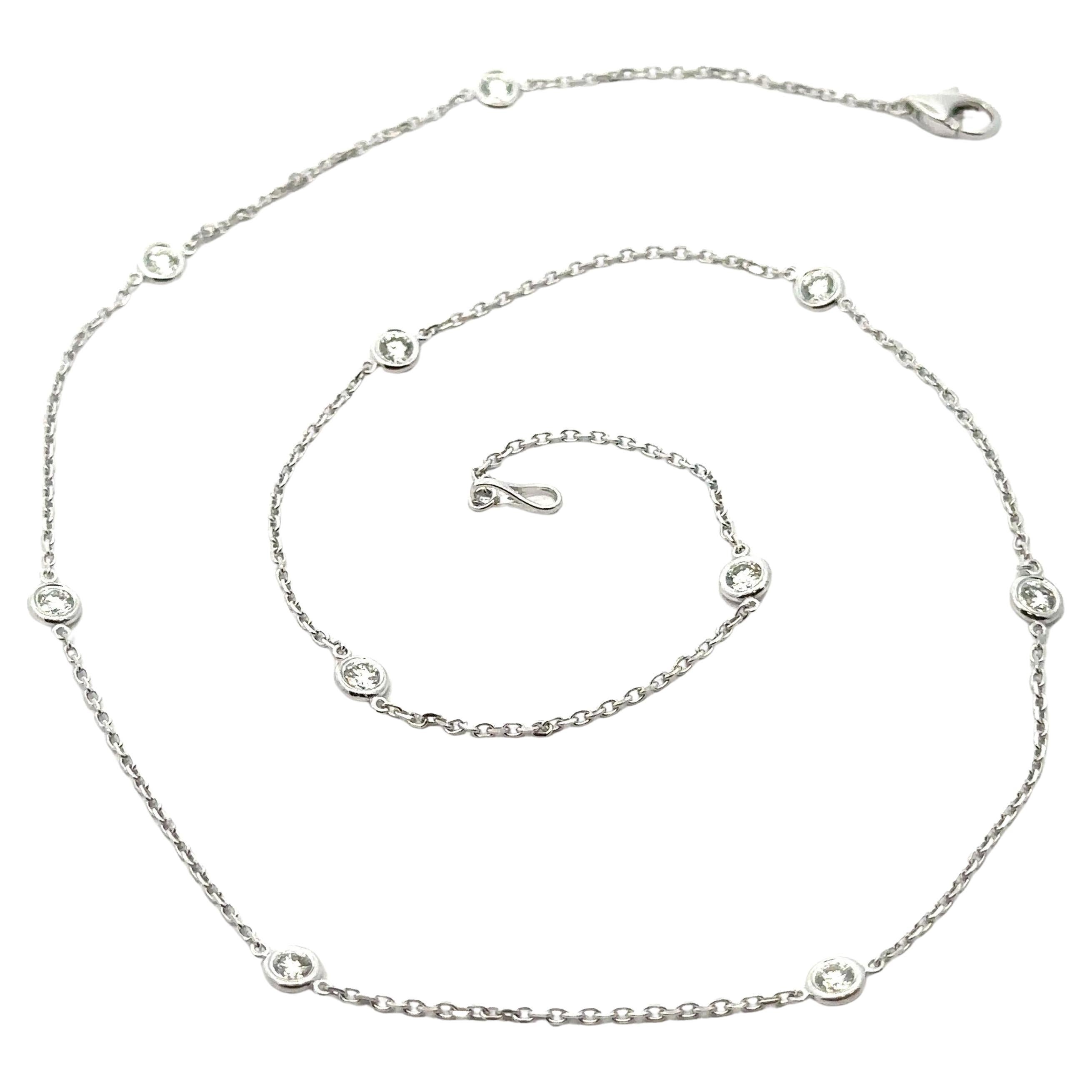 New 14k White Gold 1ctw Round Diamond 17.5" By The Yard A Link 10 Station Necklace