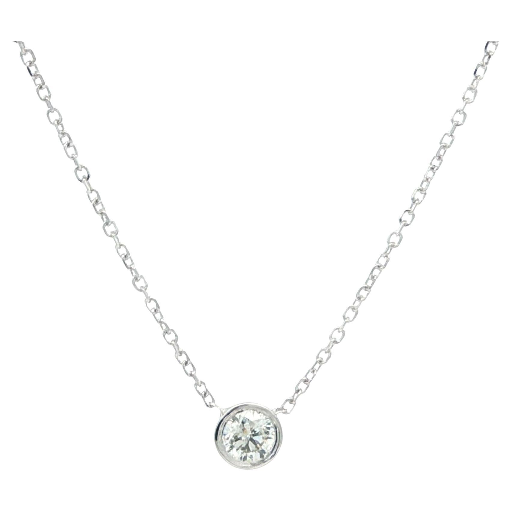 New 14k White Gold .20ct Round Bezel Diamond Solitaire Pendant Necklace Chain