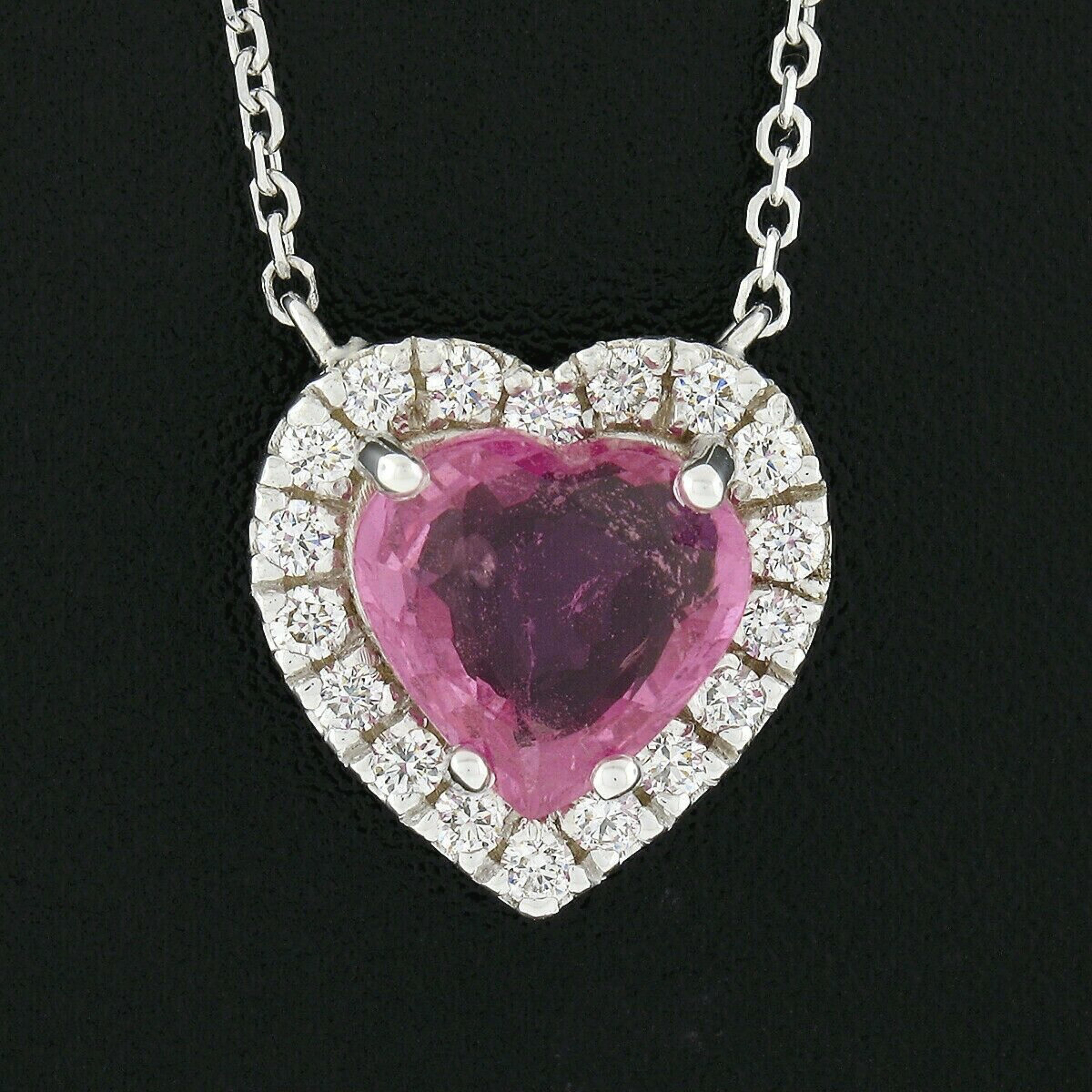Heart Cut NEW 14K White Gold 2.31ctw GIA Heart Pink Sapphire Diamond Halo Pendant Necklace