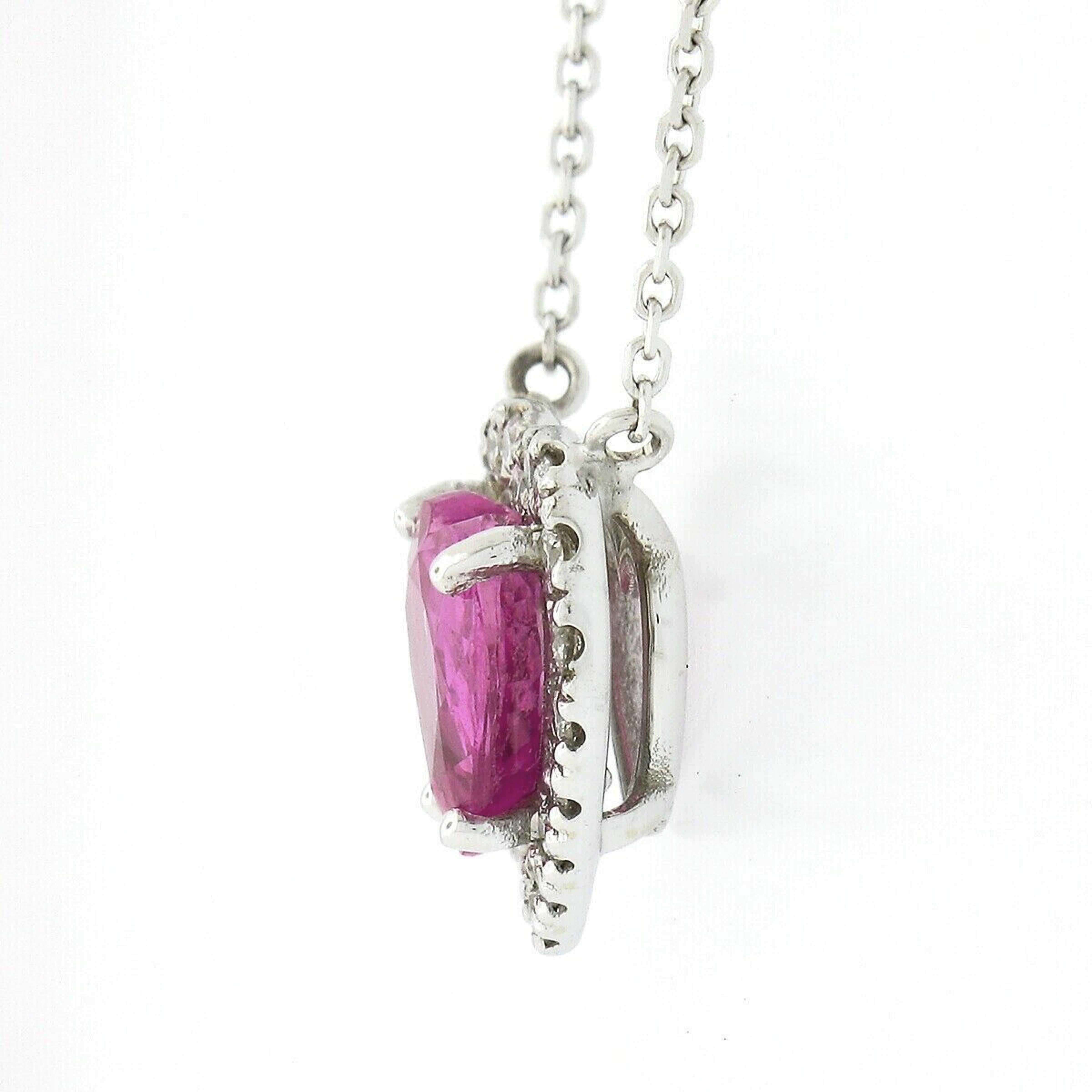 NEW 14K White Gold 2.31ctw GIA Heart Pink Sapphire Diamond Halo Pendant Necklace 1