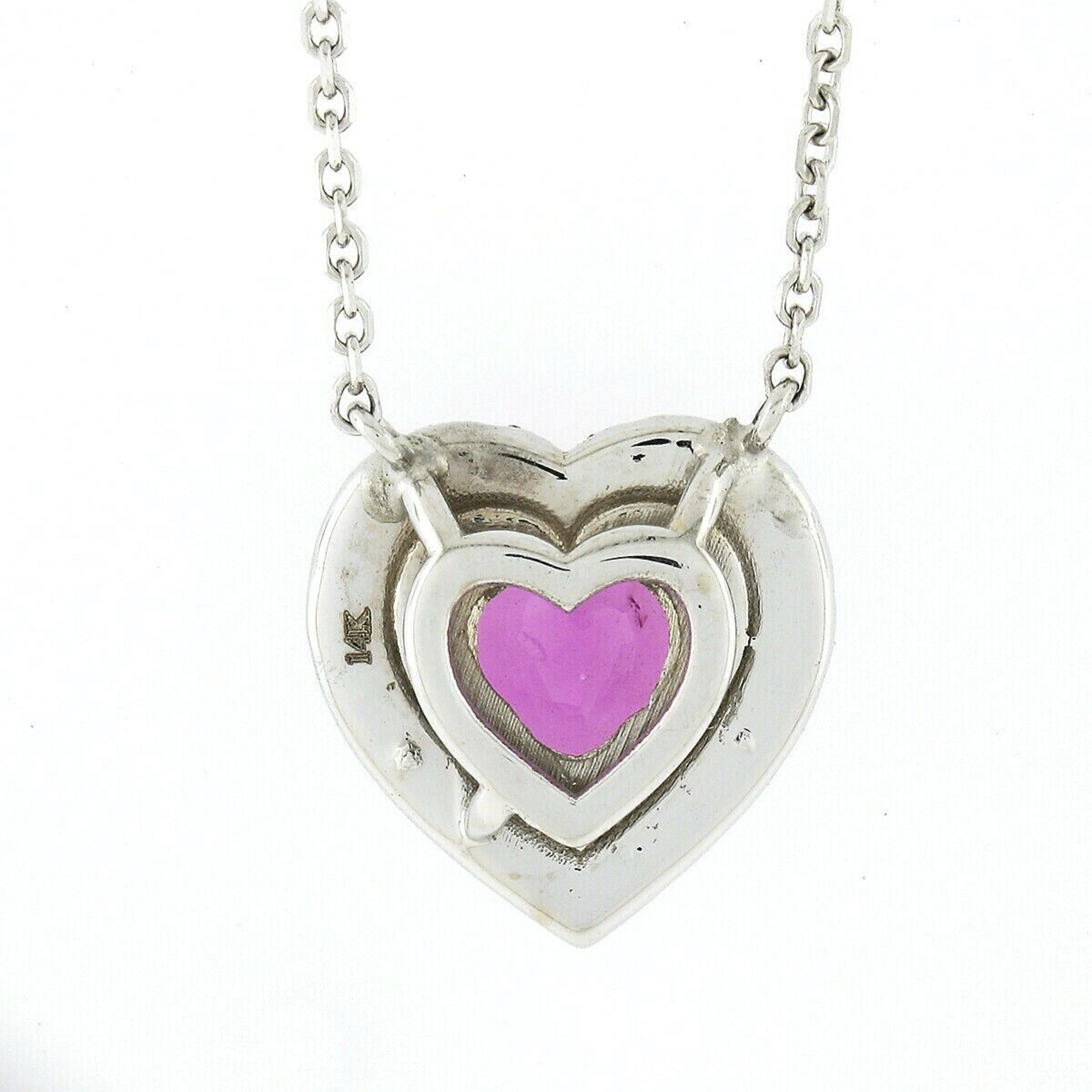 NEW 14K White Gold 2.31ctw GIA Heart Pink Sapphire Diamond Halo Pendant Necklace 2