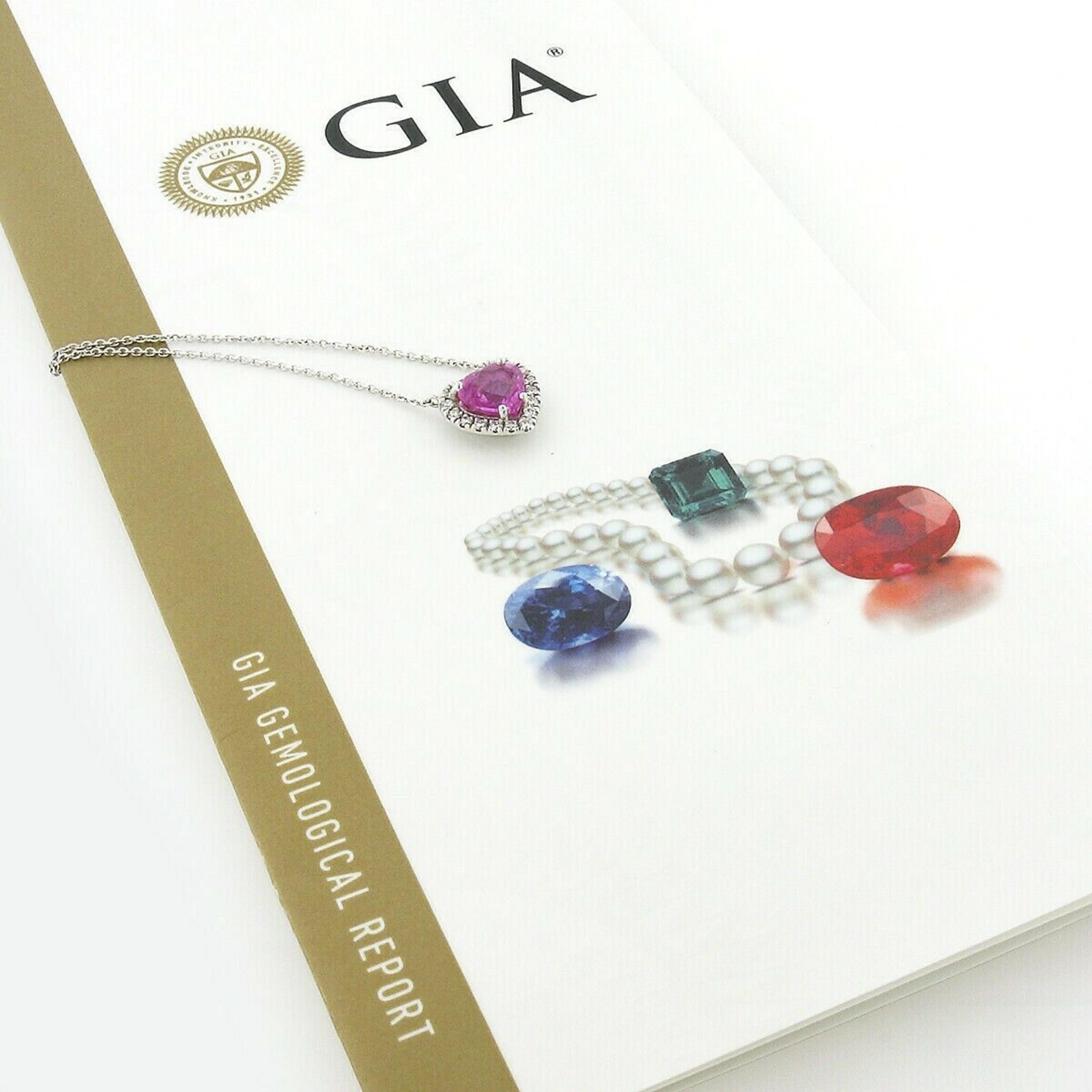 NEW 14K White Gold 2.31ctw GIA Heart Pink Sapphire Diamond Halo Pendant Necklace 4