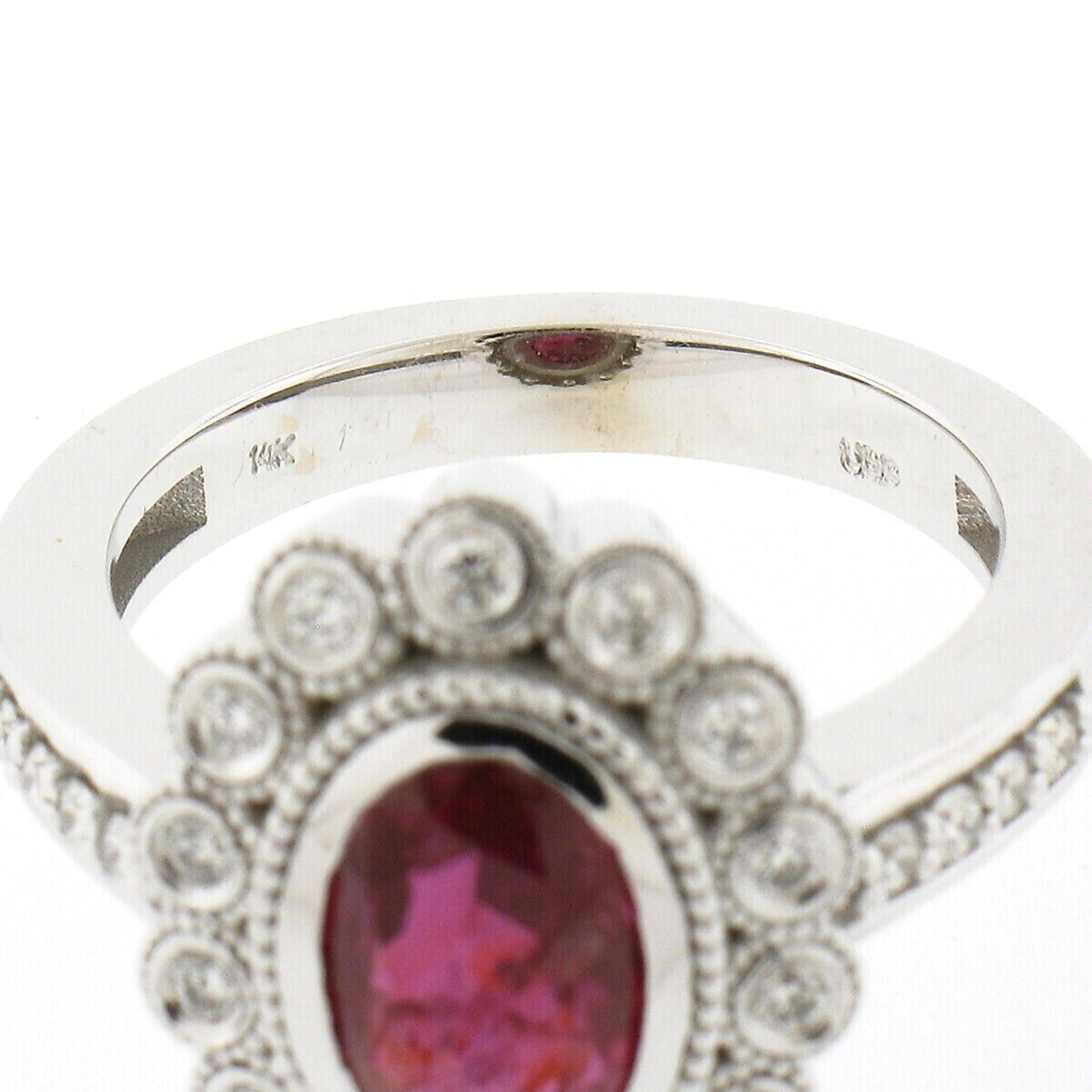 New 14k White Gold 2.37ct GIA Burma Oval Bezel Ruby & Diamond Halo Milgrain Ring For Sale 5