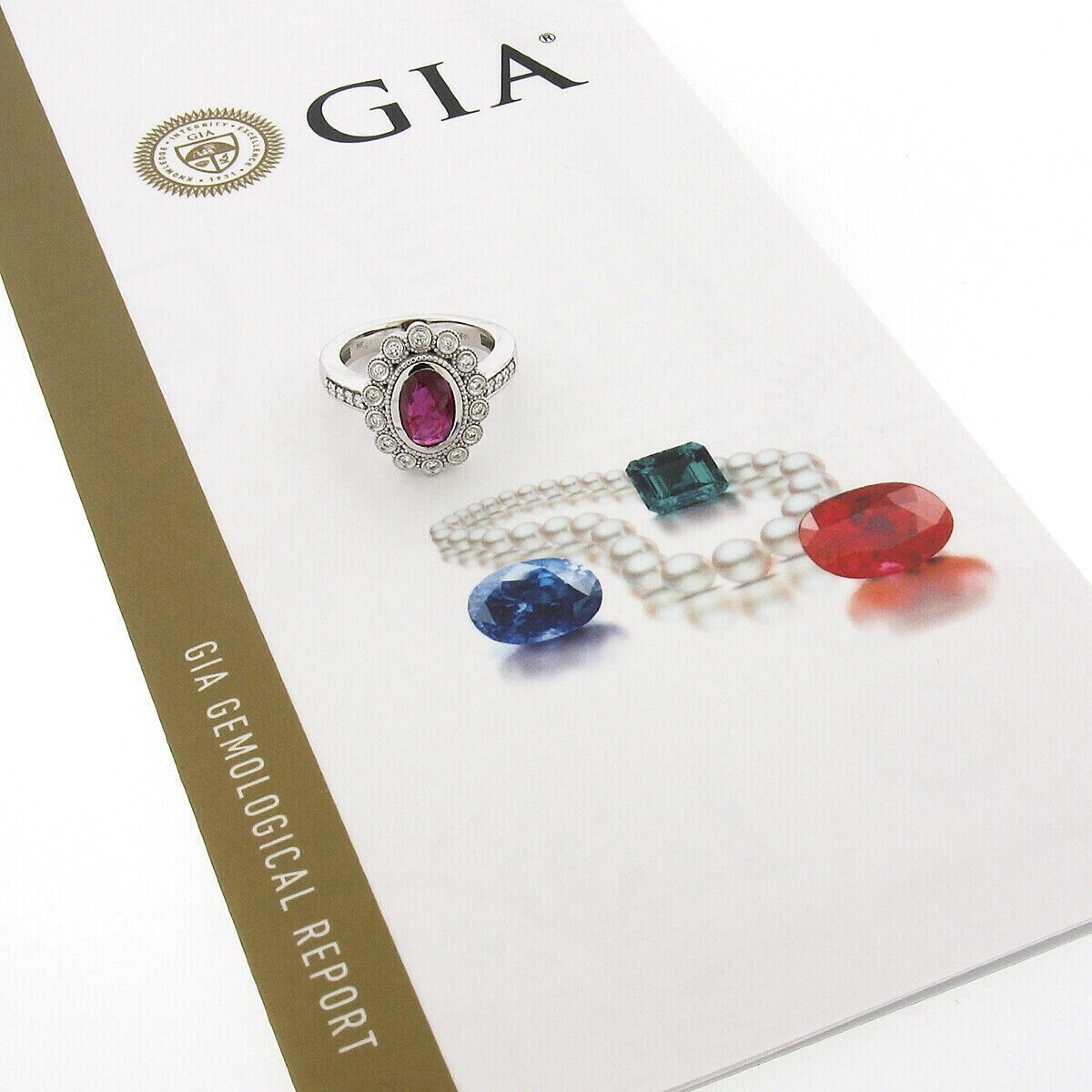 New 14k White Gold 2.37ct GIA Burma Oval Bezel Ruby & Diamond Halo Milgrain Ring For Sale 6