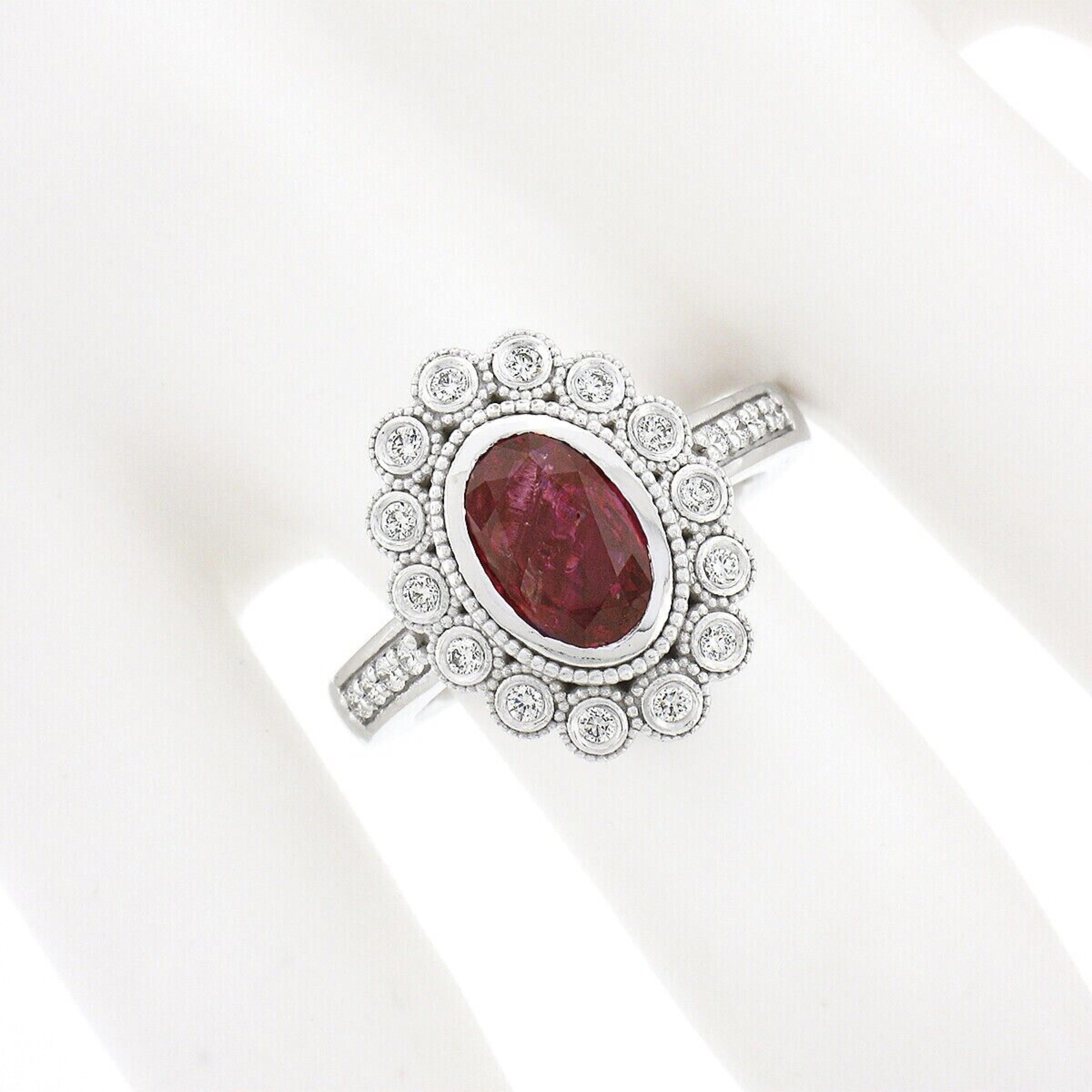 New 14k White Gold 2.37ct GIA Burma Oval Bezel Ruby & Diamond Halo Milgrain Ring In New Condition For Sale In Montclair, NJ
