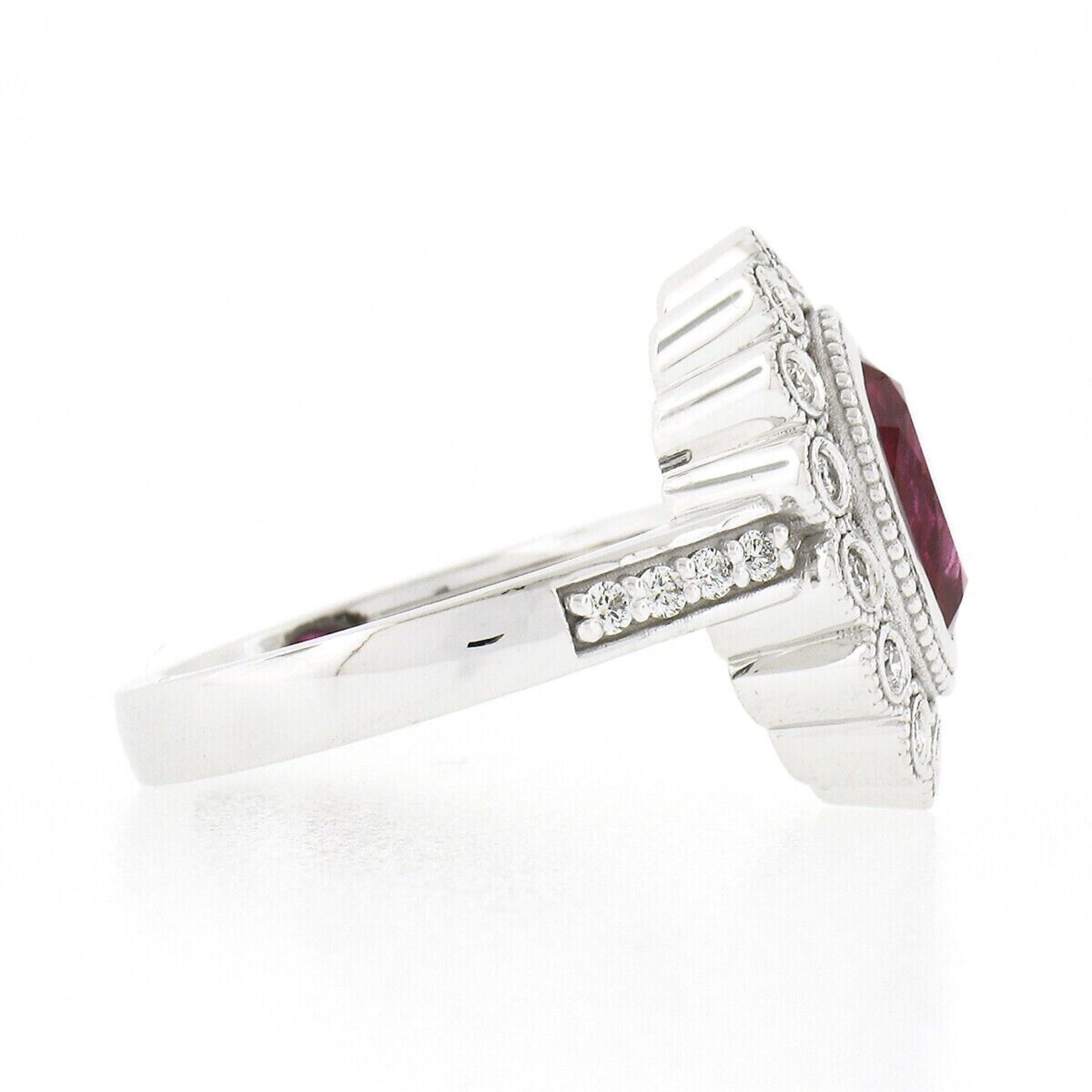 Women's New 14k White Gold 2.37ct GIA Burma Oval Bezel Ruby & Diamond Halo Milgrain Ring For Sale