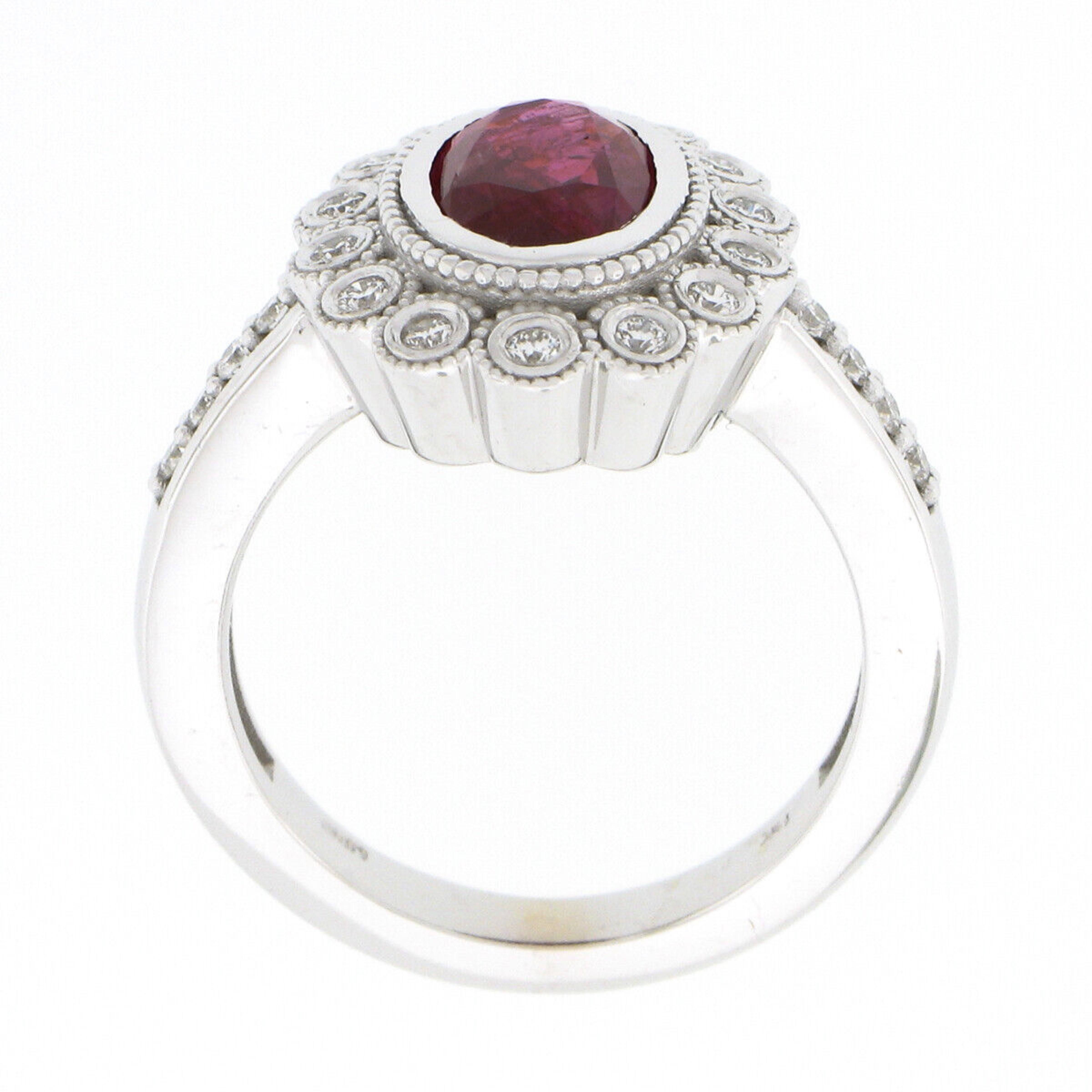 New 14k White Gold 2.37ct GIA Burma Oval Bezel Ruby & Diamond Halo Milgrain Ring For Sale 3