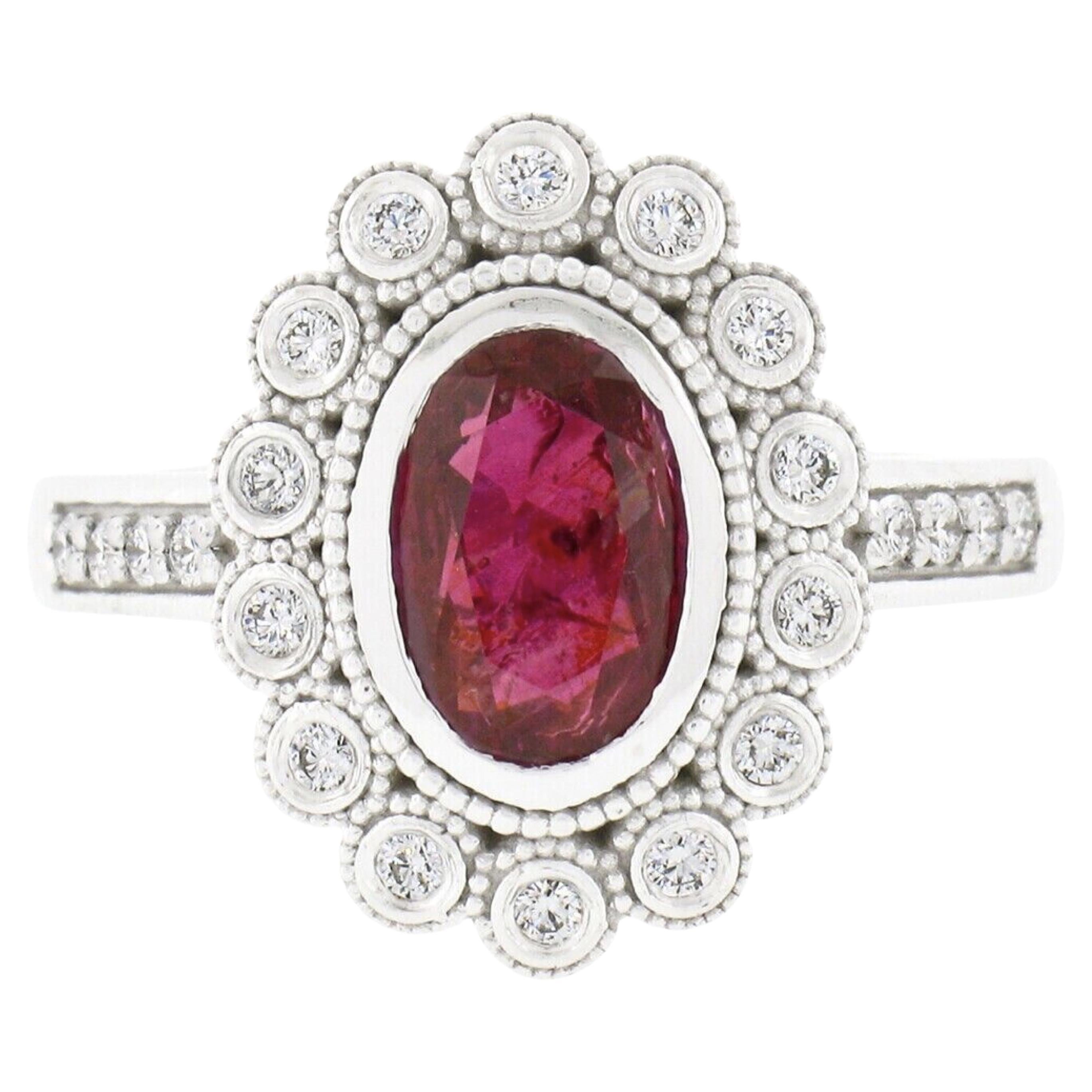 New 14k White Gold 2.37ct GIA Burma Oval Bezel Ruby & Diamond Halo Milgrain Ring For Sale