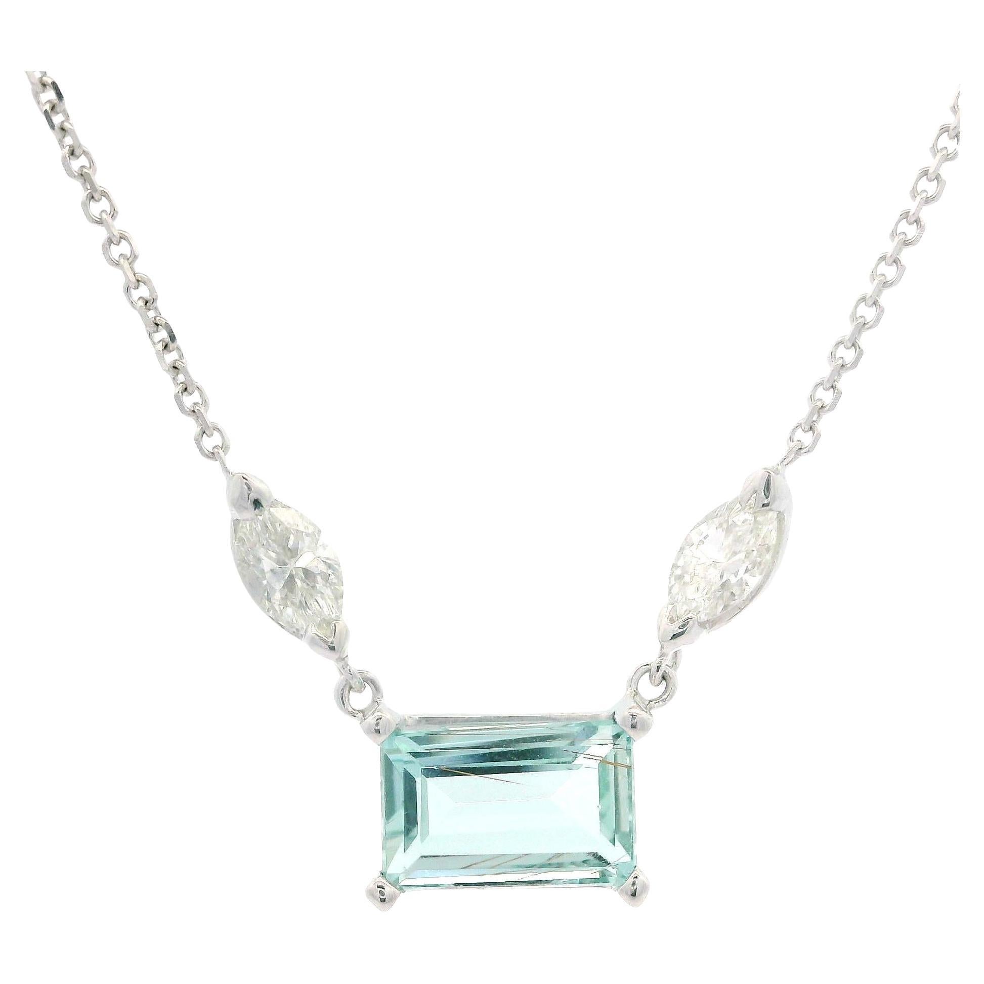 New 14k White Gold 2.38ct Aquamarine & Diamond Pendant Adjustable Chain Necklace (Collana con catena regolabile)