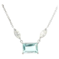 New 14k White Gold 2.38ct Aquamarine & Diamond Pendant Adjustable Chain Necklace
