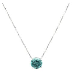 New 14k White Gold 2.38ct Round Blue Zircon Solitaire Pendant Adjustable Chain