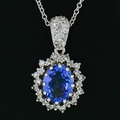 New 14k White Gold 2.59ctw Oval Tanzanite & Diamond Dual Halo Pendant w/ Chain