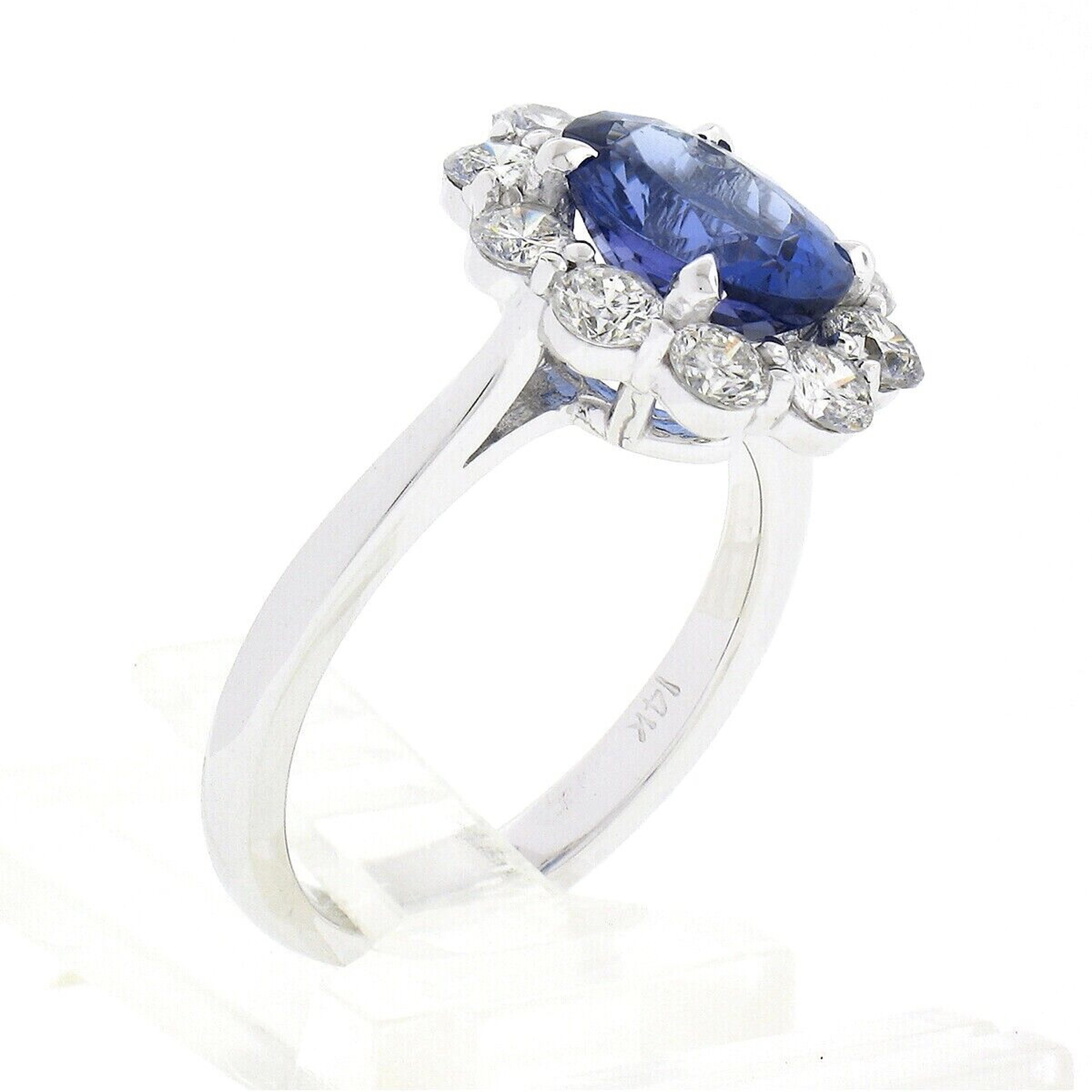 New 14k White Gold 2.95ctw Oval Blue Violet Tanzanite W/ Round Diamond Halo Ring For Sale 3