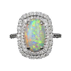 New 14k White Gold 2.98 Carat Oval Cut Opal and Diamond Ring