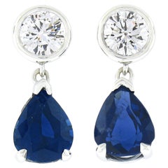 New 14k White Gold 3.03ctw Pear Blue Sapphire Bezel Diamond Drop Dangle Earrings