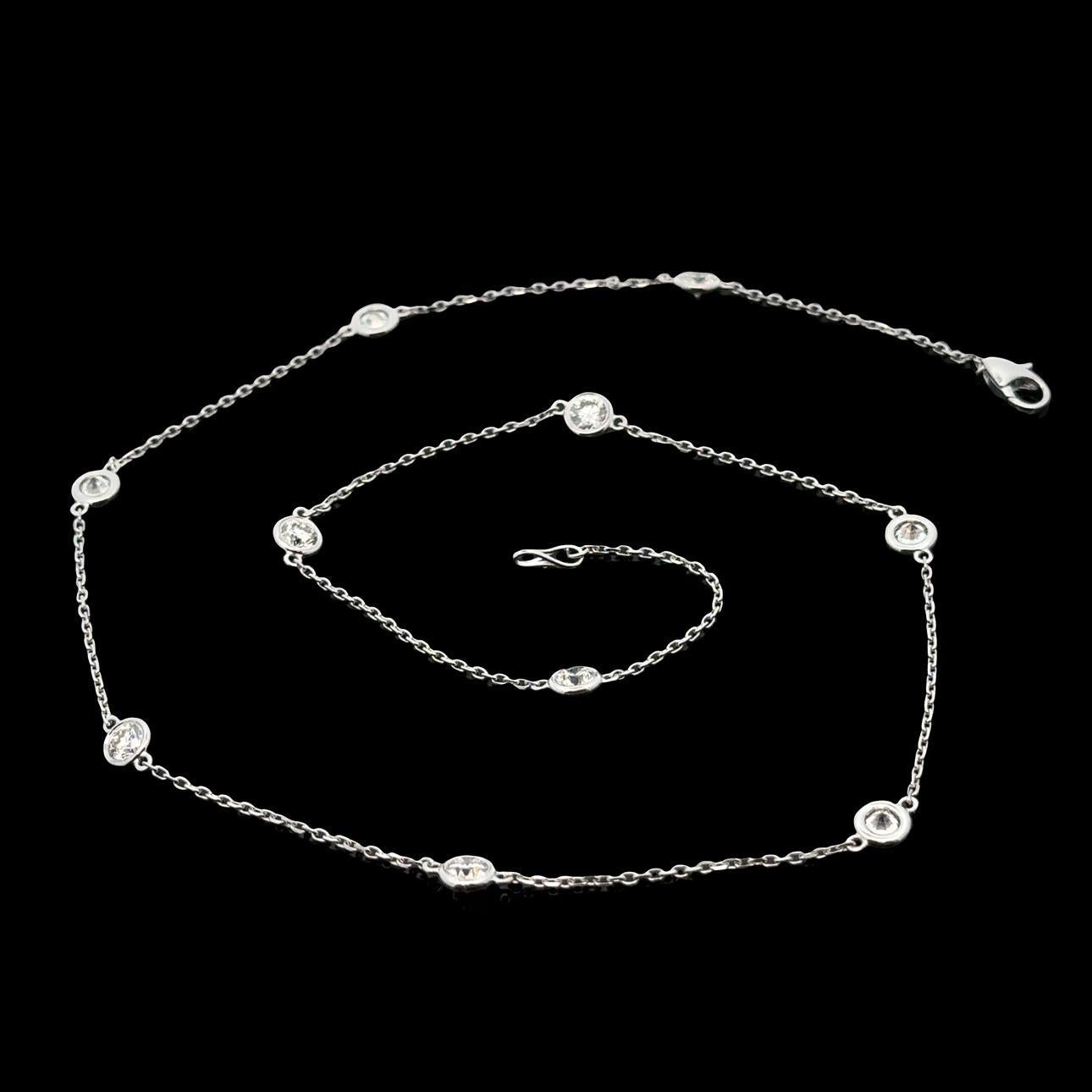 Taglio brillante New 14k White Gold 3.04ctw Bezel Diamond 10 Station By The Yard Collana a catena in vendita