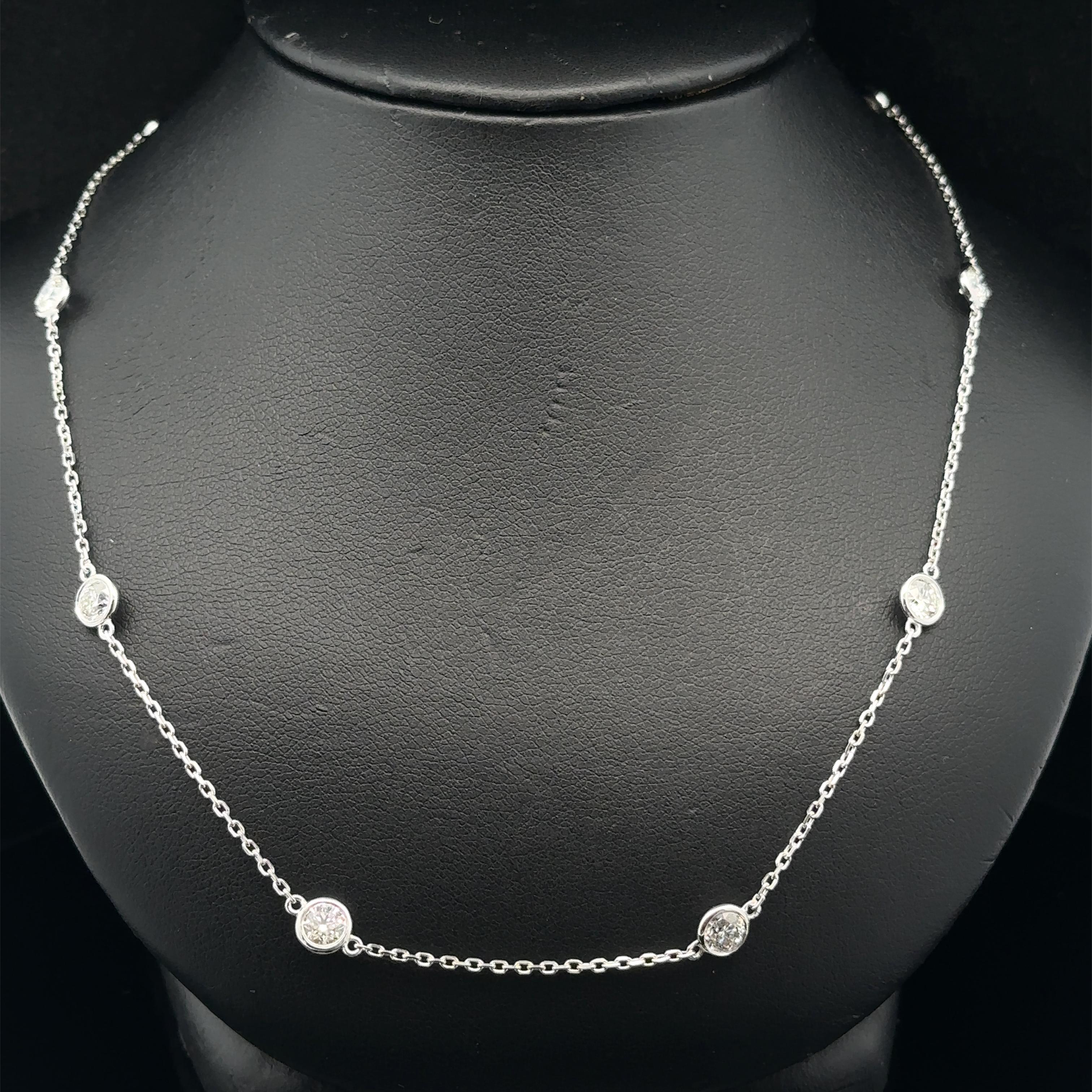 New 14k White Gold 3.04ctw Bezel Diamond 10 Station By The Yard Collana a catena In condizioni Nuovo in vendita a Montclair, NJ