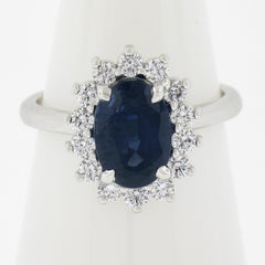 New 14K White Gold 3.52ct GIA Oval Sapphire & Diamond Halo Flower Cluster Ring