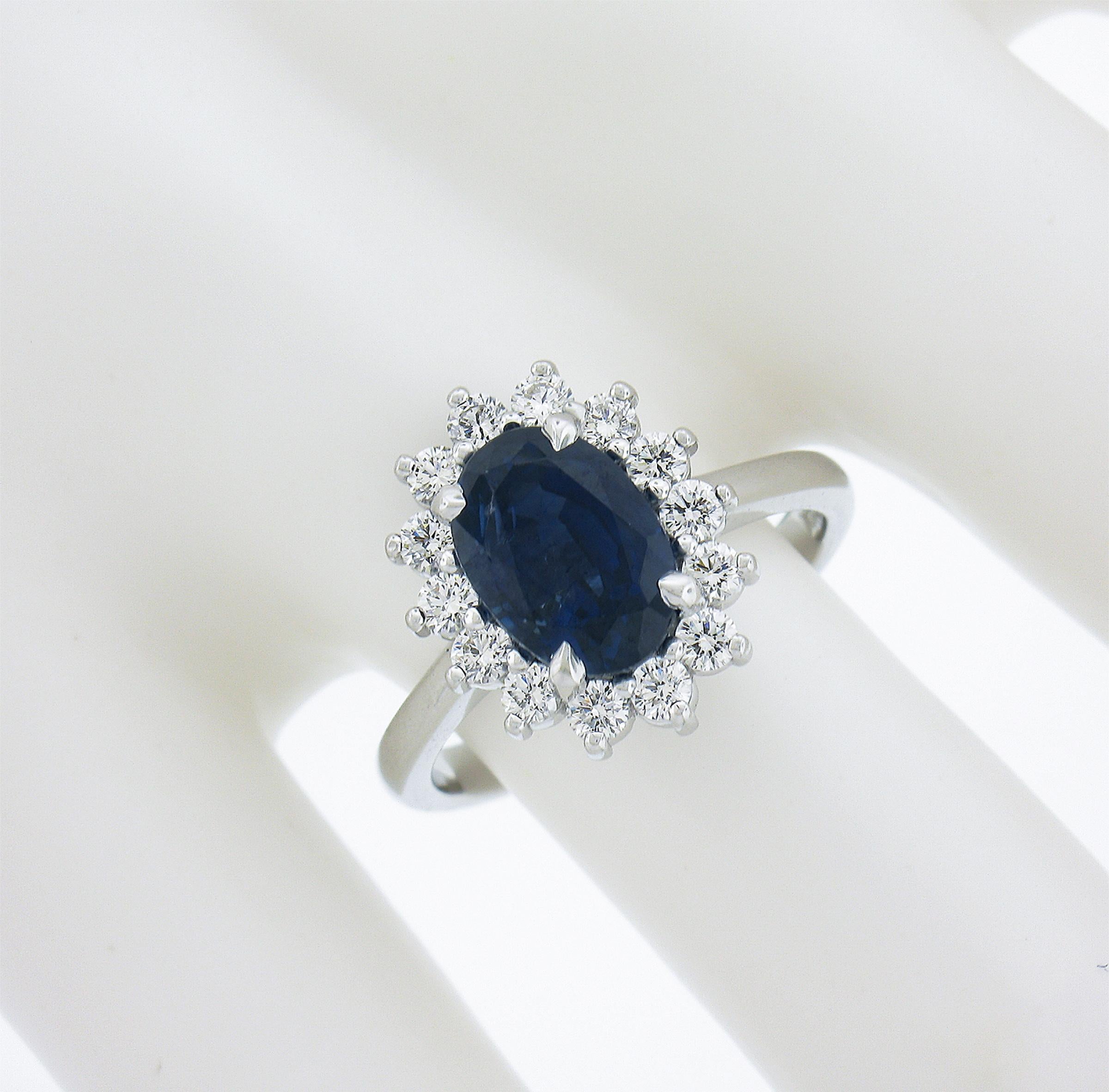 New 14K White Gold 3.52ct GIA Oval Sapphire & Diamond Halo Flower Cluster Ring In New Condition For Sale In Montclair, NJ