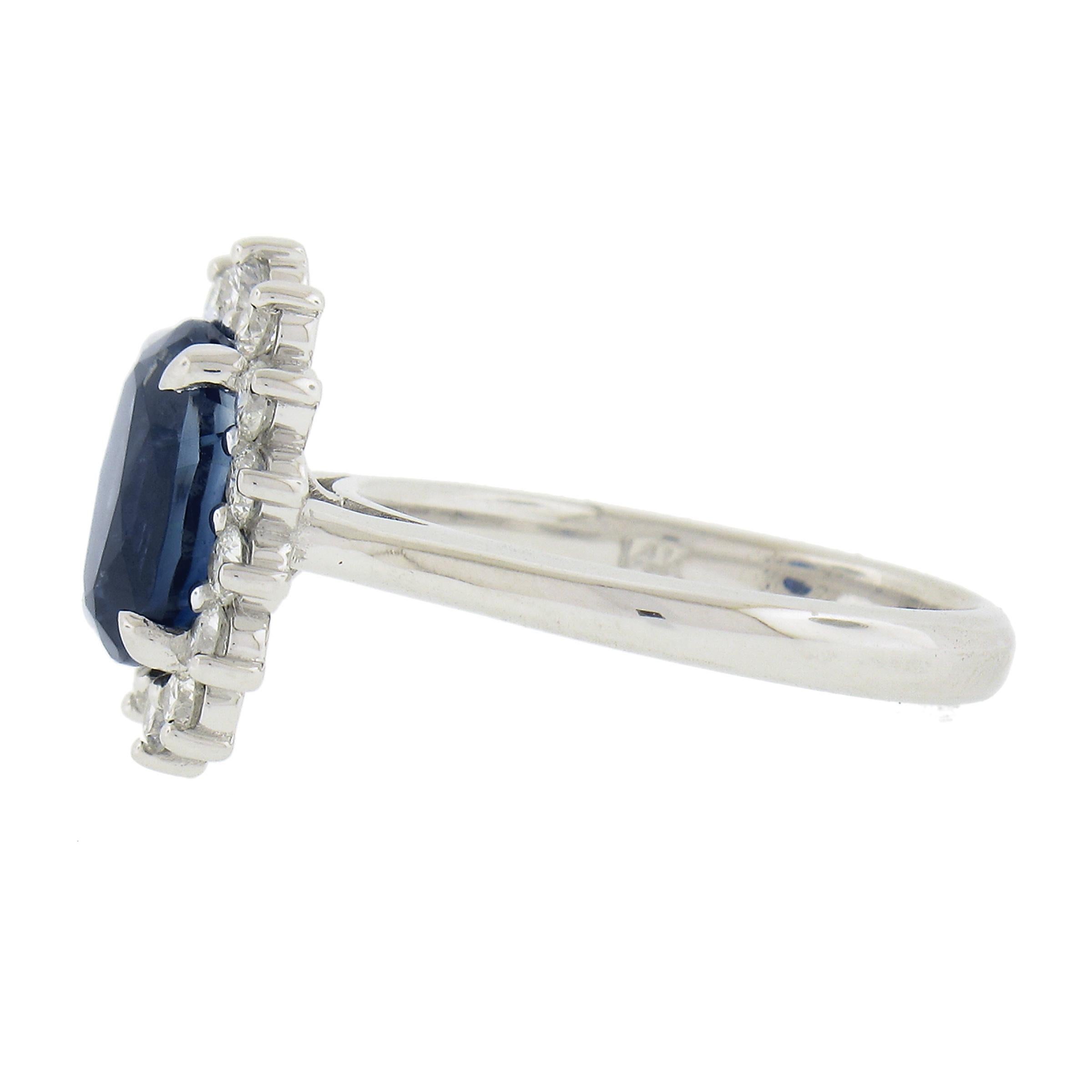 New 14K White Gold 3.52ct GIA Oval Sapphire & Diamond Halo Flower Cluster Ring For Sale 1