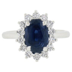 New 14K White Gold 3.52ct GIA Oval Sapphire & Diamond Halo Flower Cluster Ring