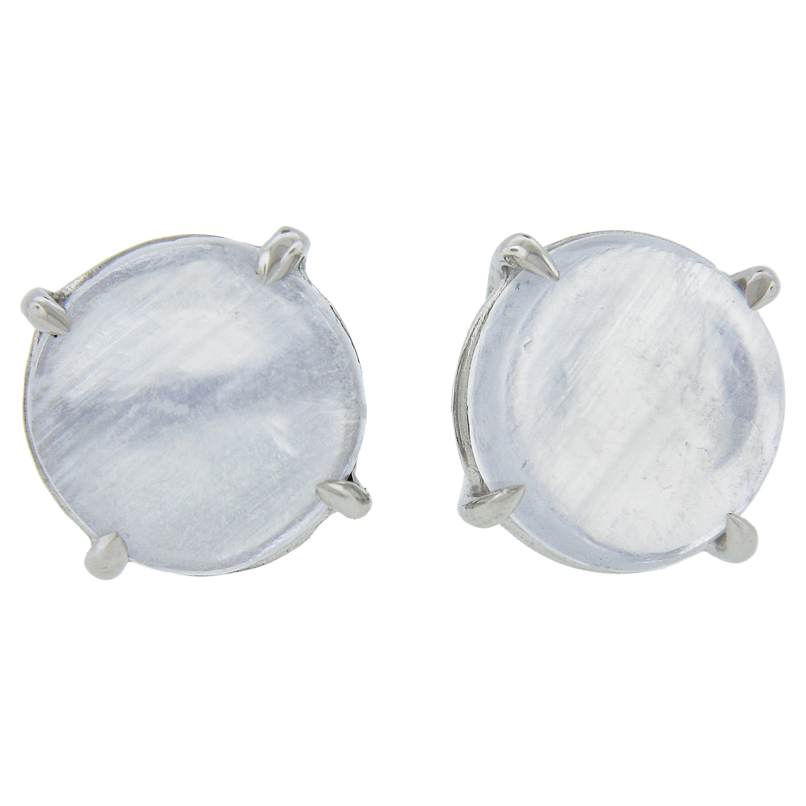 New 14k White Gold 3.54ctw Round Cabochon Blue Prong Set Moonstone Stud Earrings For Sale