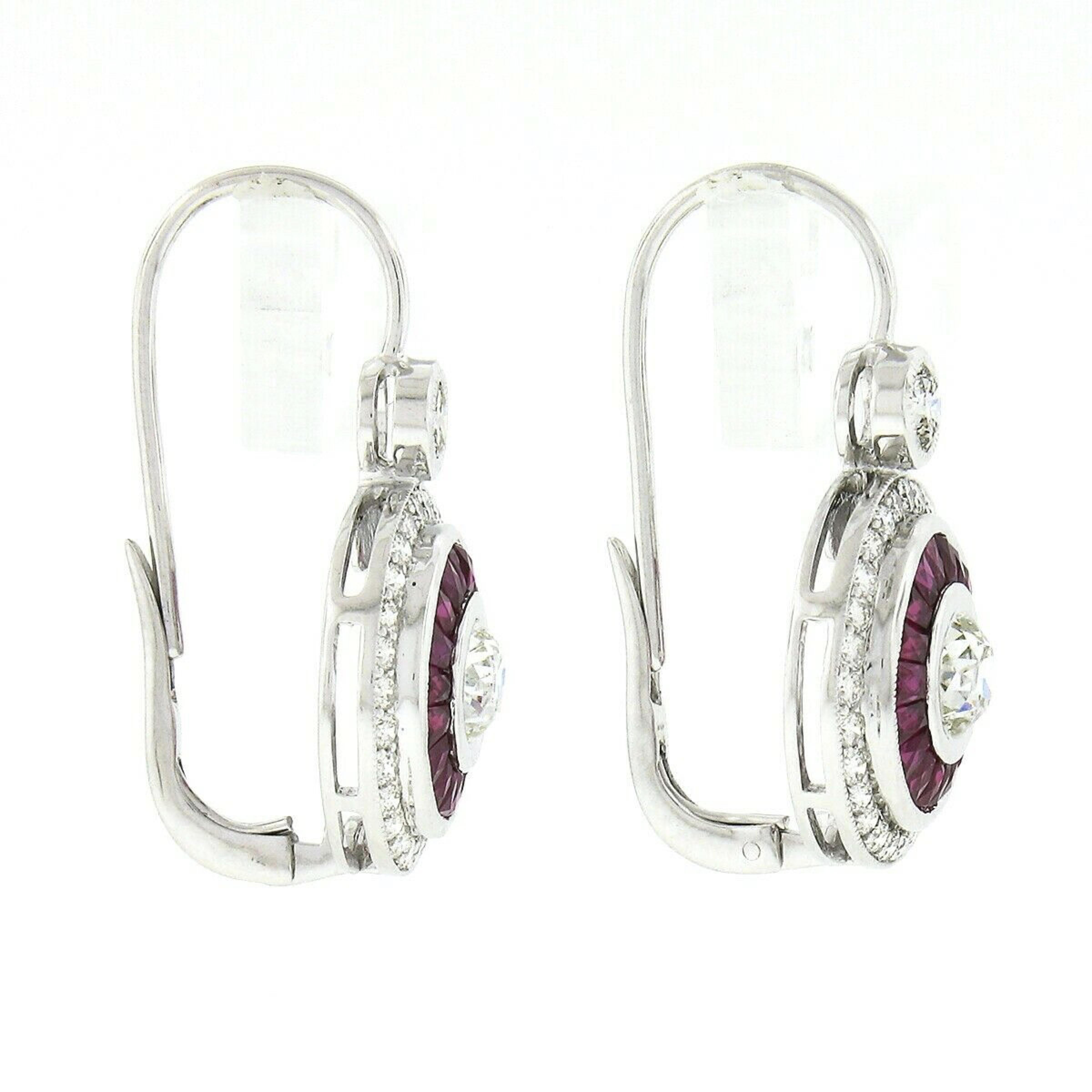 French Cut New 14k White Gold 3.62ct European Bezel Diamond Calibre Ruby Halo Drop Earrings For Sale