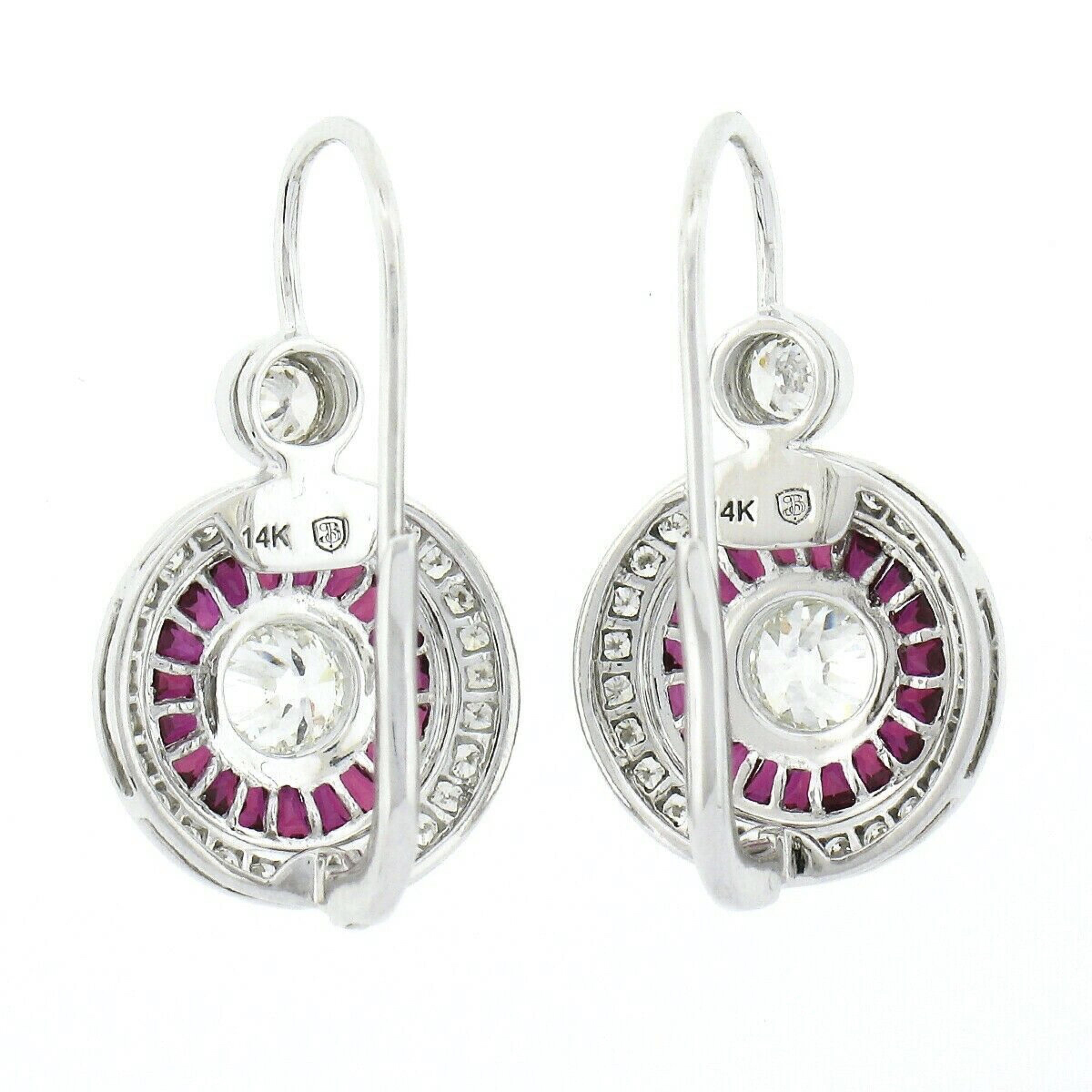 New 14k White Gold 3.62ct European Bezel Diamond Calibre Ruby Halo Drop Earrings In New Condition For Sale In Montclair, NJ