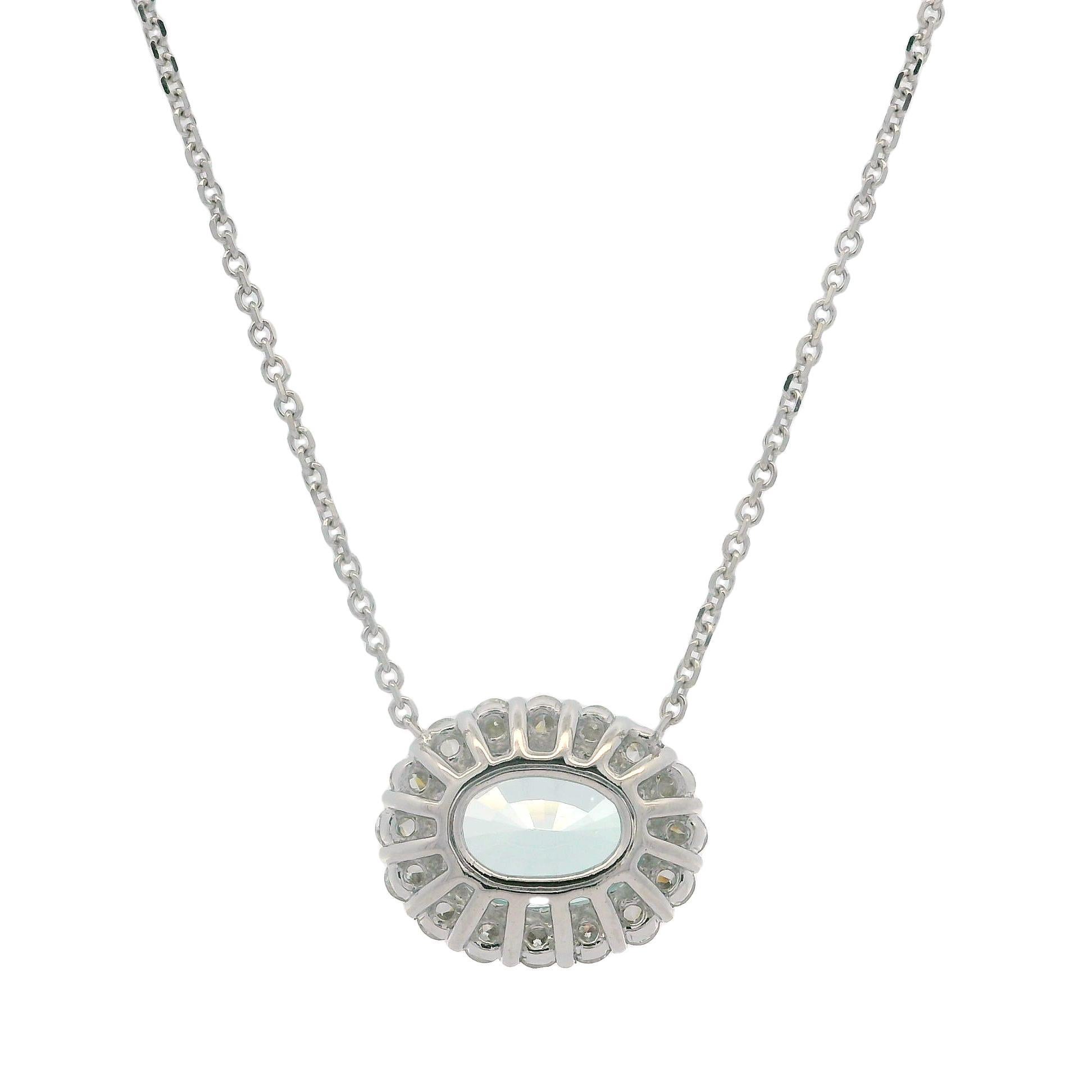 New 14k White Gold 3.66ctw Oval Aquamarine w/ Diamond Halo Pendant Necklace In New Condition For Sale In Montclair, NJ