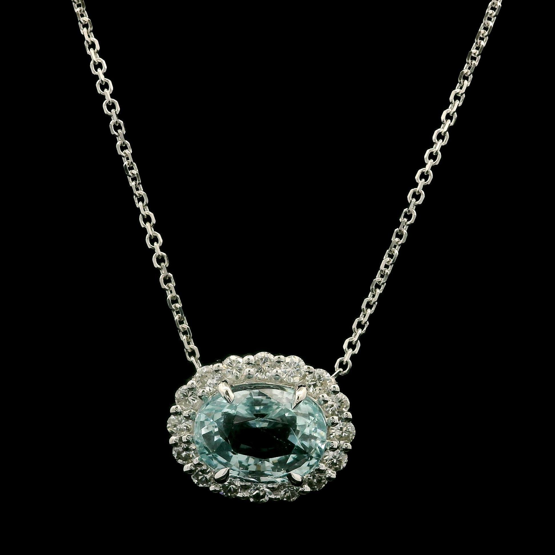 Women's New 14k White Gold 3.66ctw Oval Aquamarine w/ Diamond Halo Pendant Necklace For Sale