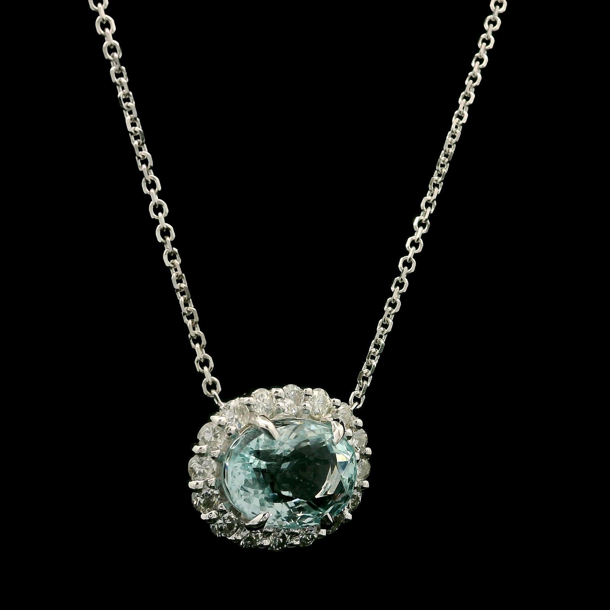 New 14k White Gold 3.66ctw Oval Aquamarine w/ Diamond Halo Pendant Necklace For Sale 1