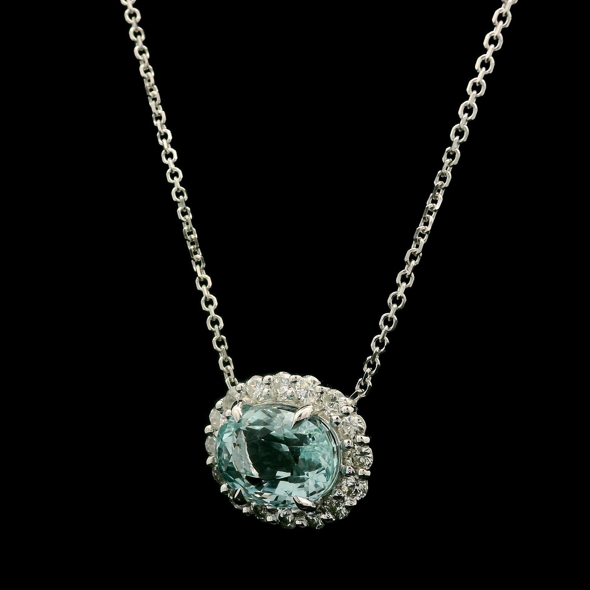 New 14k White Gold 3.66ctw Oval Aquamarine w/ Diamond Halo Pendant Necklace For Sale 2