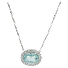 New 14k White Gold 3.66ctw Oval Aquamarine w/ Diamond Halo Pendant Necklace