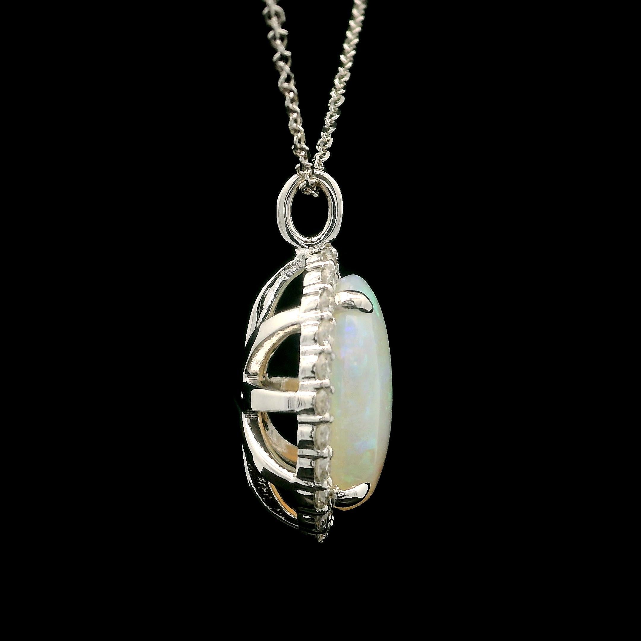 New 14k White Gold 4.43ctw Oval Opal & Halo Diamond Pendant 18