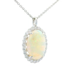 Neu 14k Weißgold 4,43ctw Oval Opal & Halo Diamant-Anhänger 18" Kette Halskette