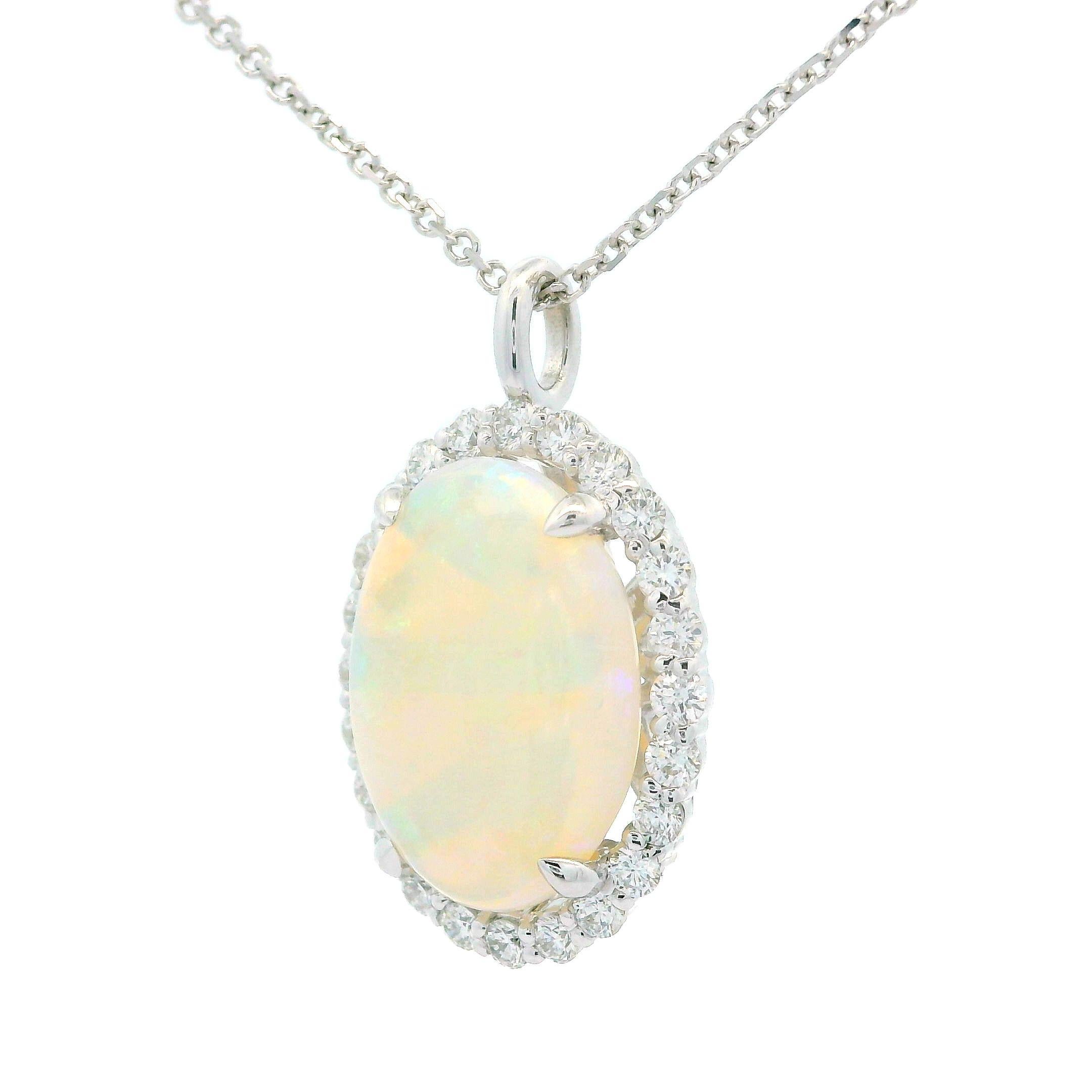 Oval Cut New 14k White Gold 4.43ctw Oval Opal & Halo Diamond Pendant 18