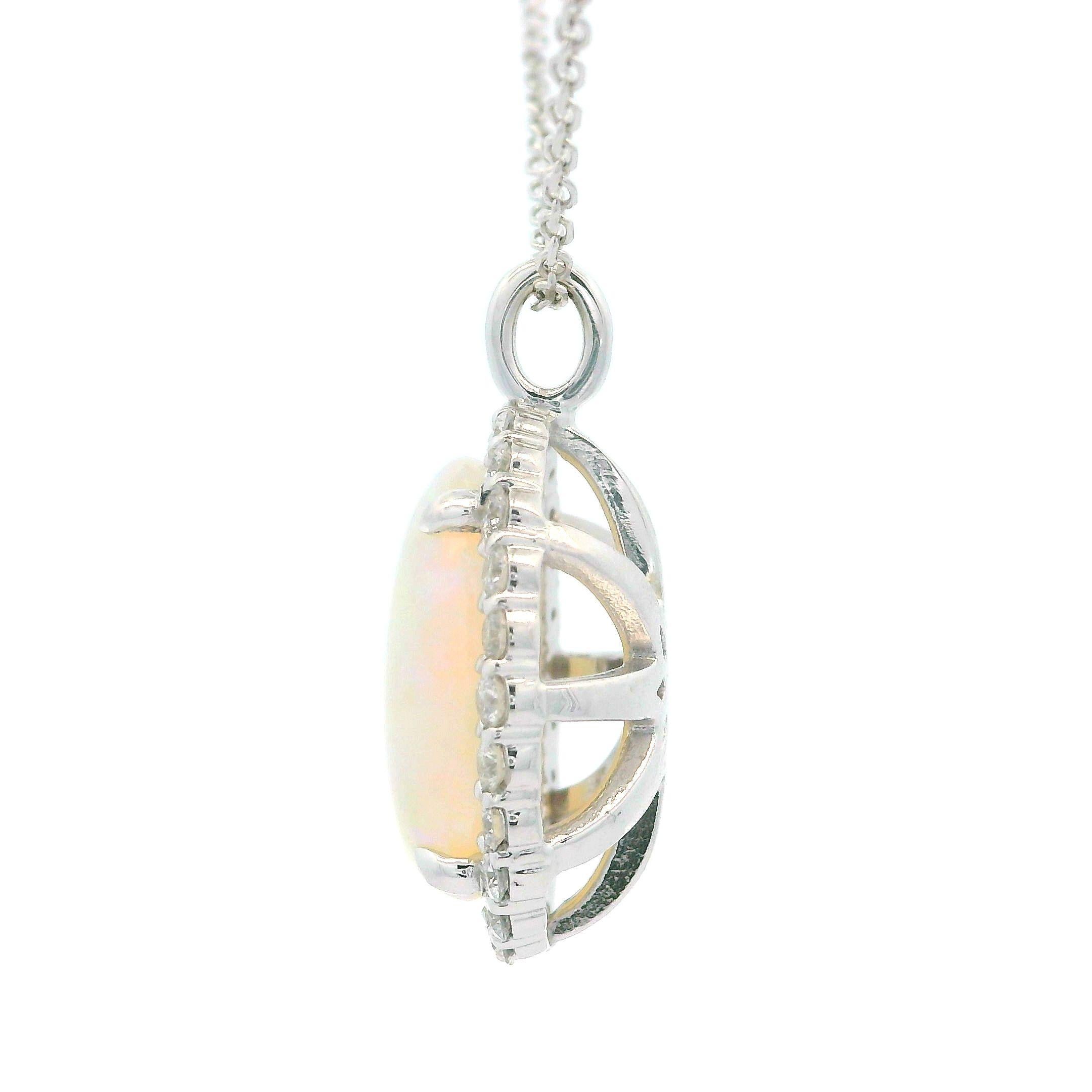 New 14k White Gold 4.43ctw Oval Opal & Halo Diamond Pendant 18