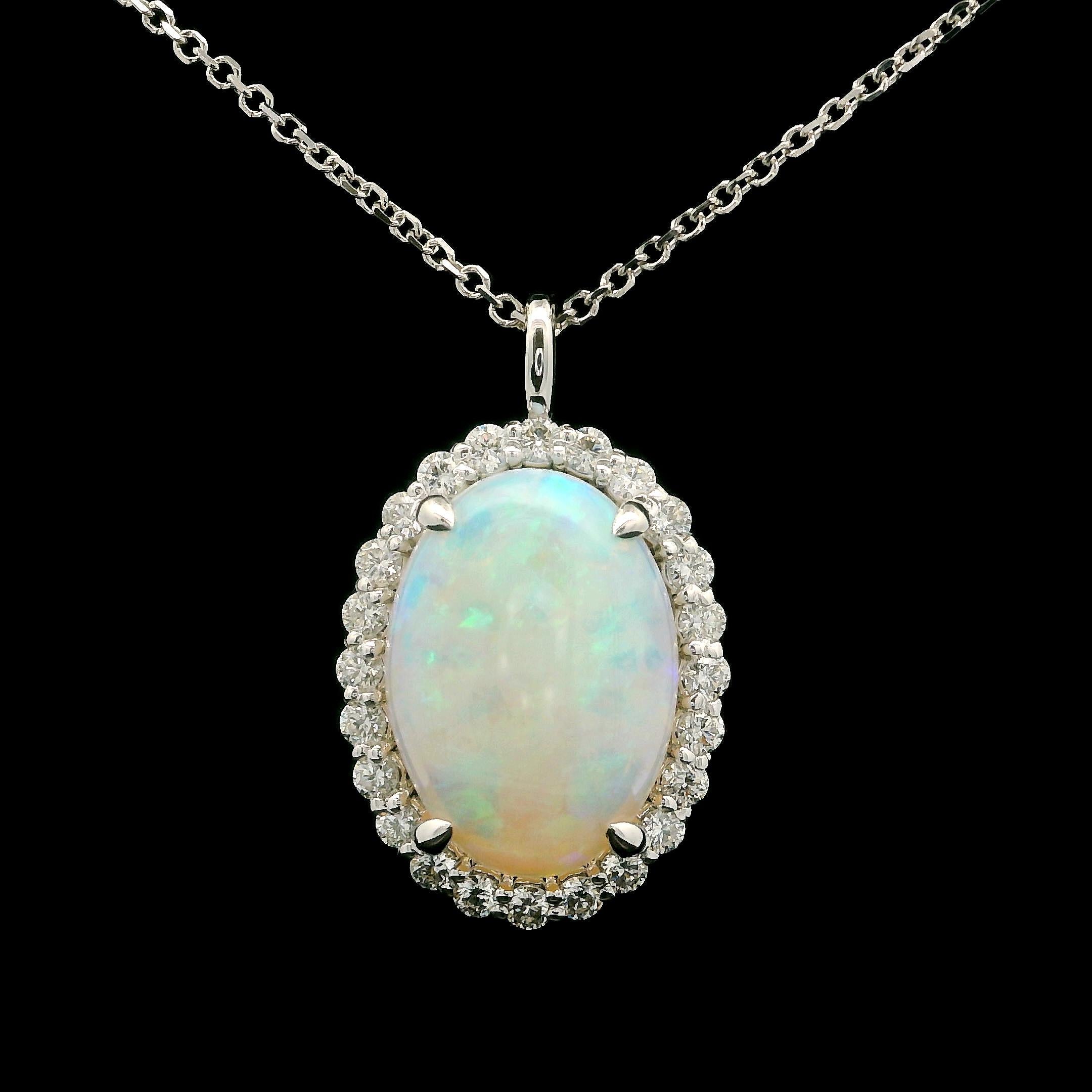 New 14k White Gold 4.43ctw Oval Opal & Halo Diamond Pendant 18