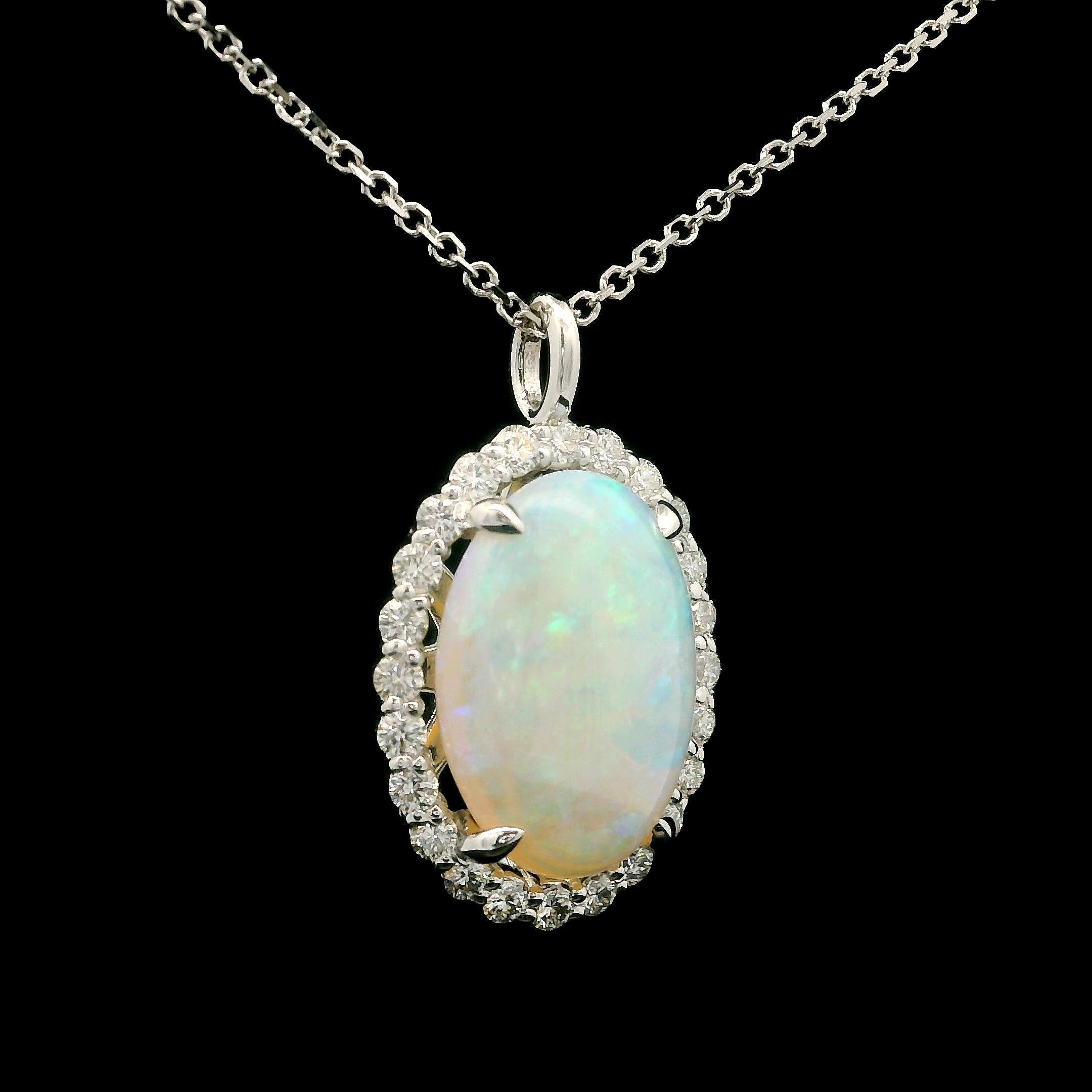 New 14k White Gold 4.43ctw Oval Opal & Halo Diamond Pendant 18