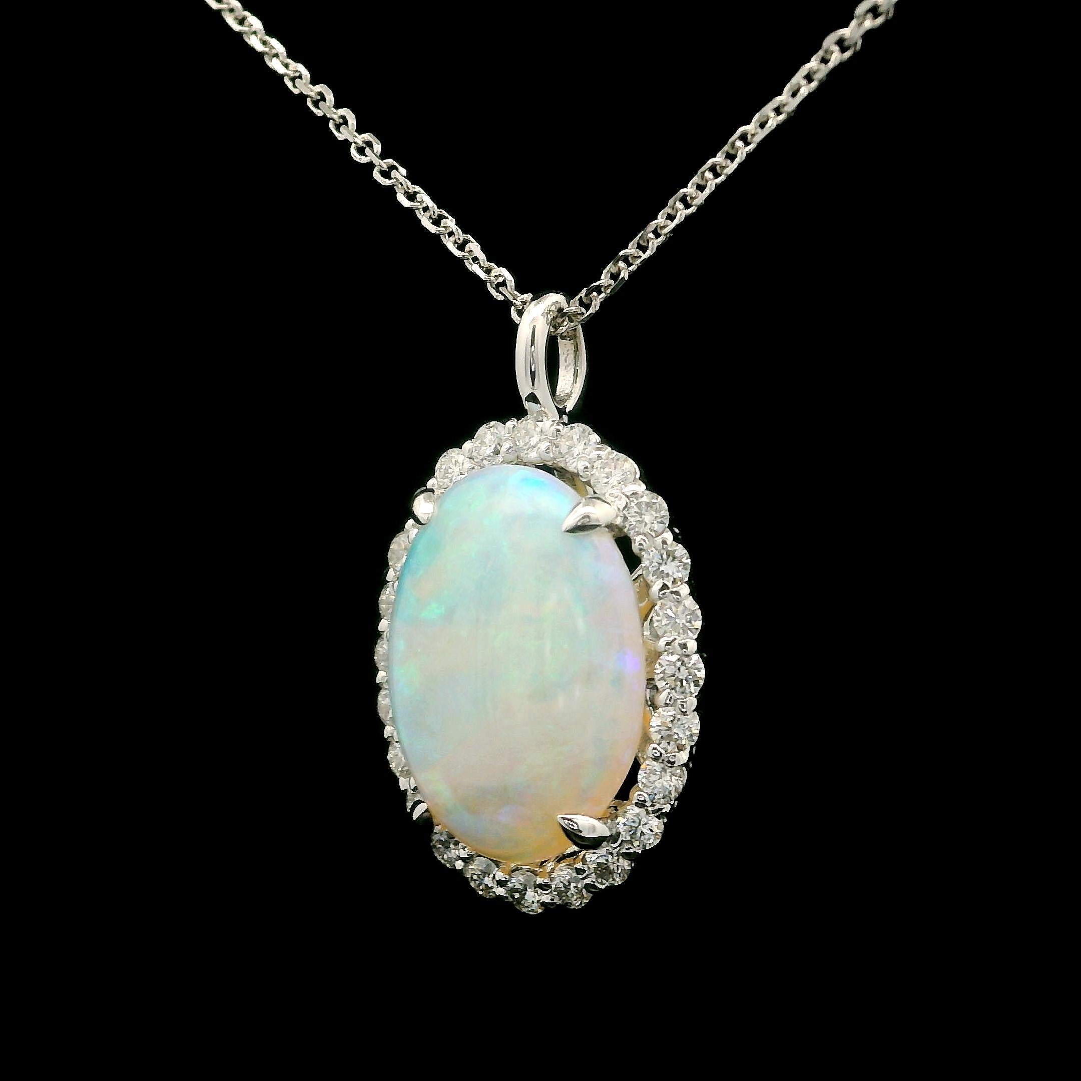 New 14k White Gold 4.43ctw Oval Opal & Halo Diamond Pendant 18