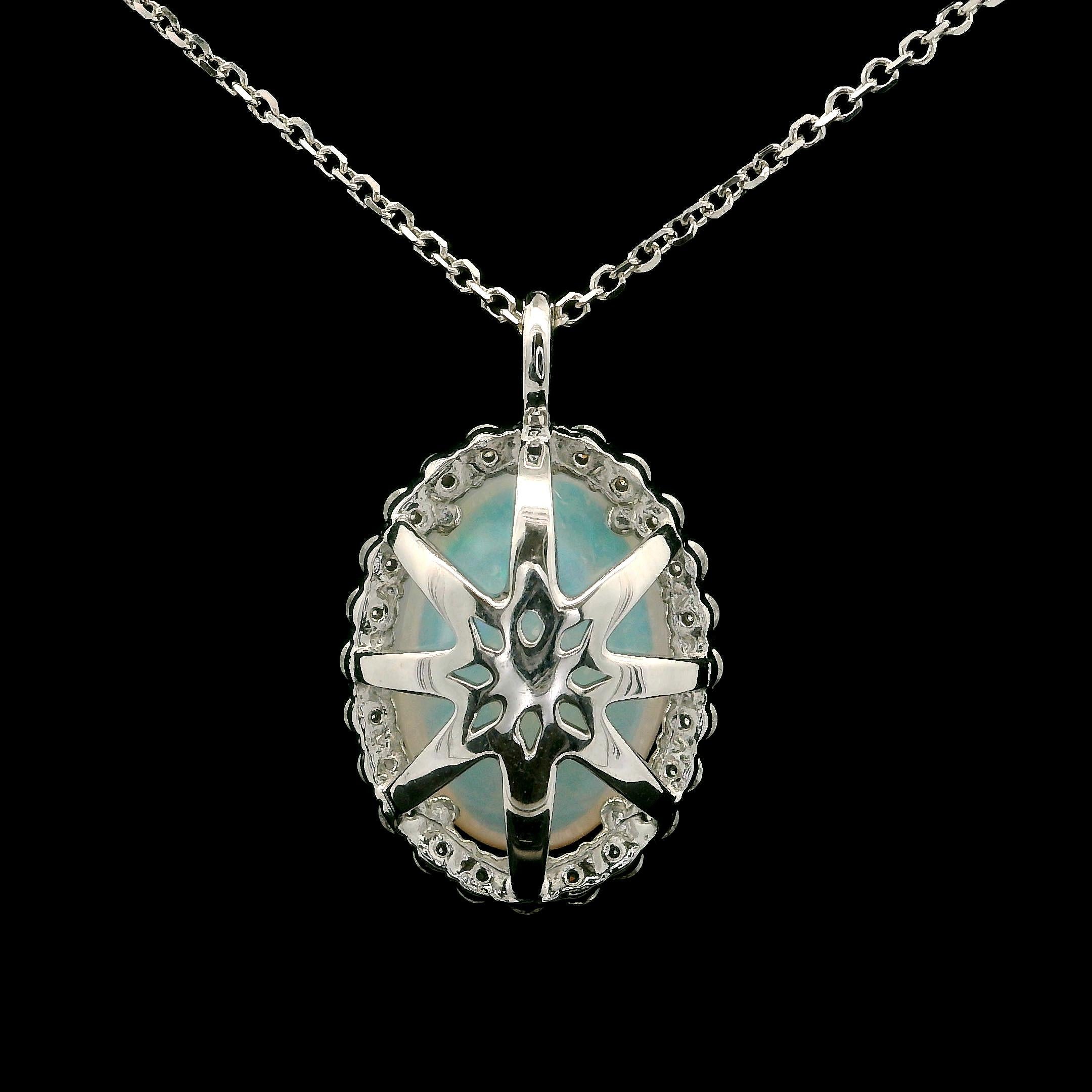 New 14k White Gold 4.43ctw Oval Opal & Halo Diamond Pendant 18