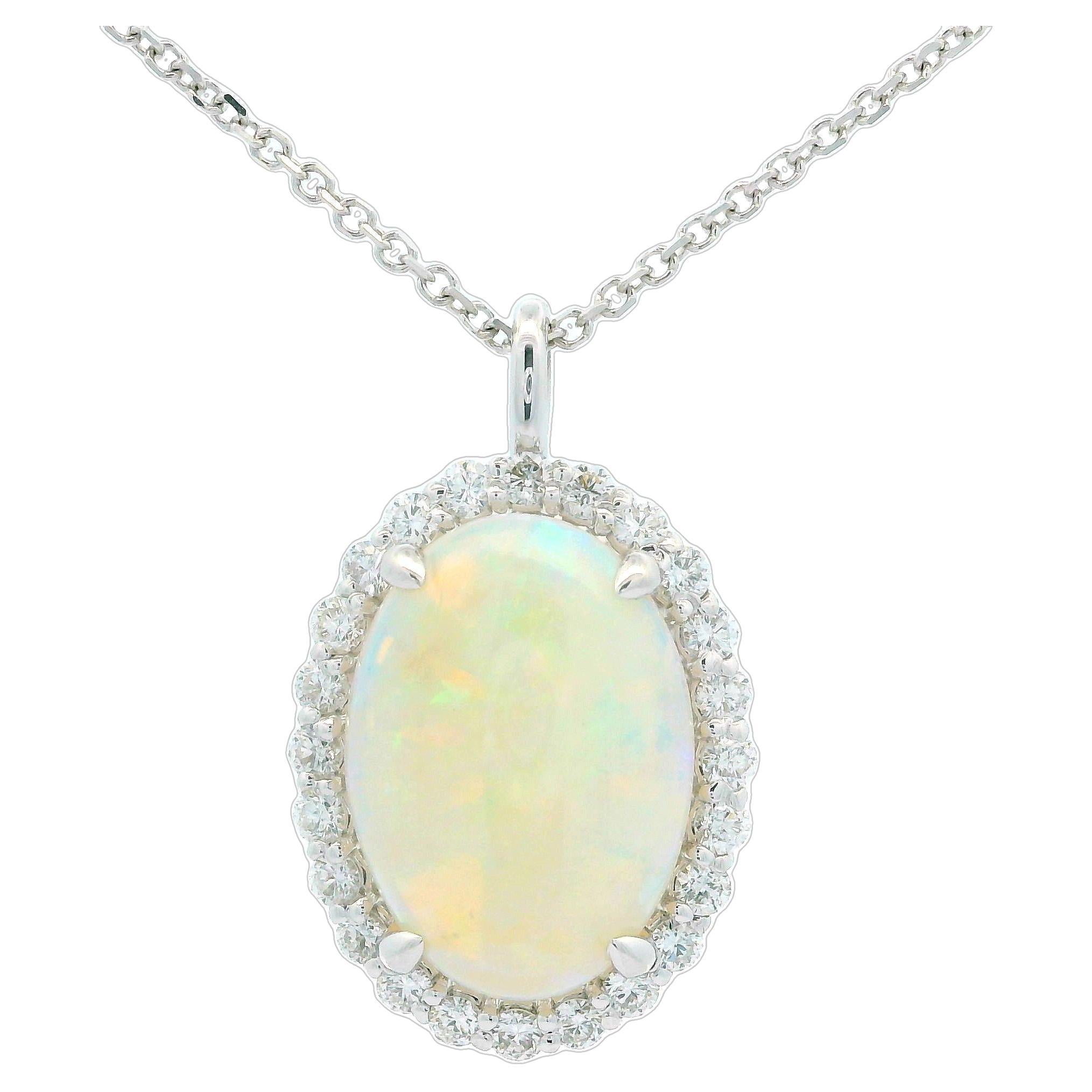 New 14k White Gold 4.43ctw Oval Opal & Halo Diamond Pendant 18" Chain Necklace
