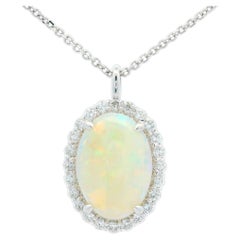 New 14k White Gold 4.43ctw Oval Opal & Halo Diamond Pendant 18" Chain Necklace