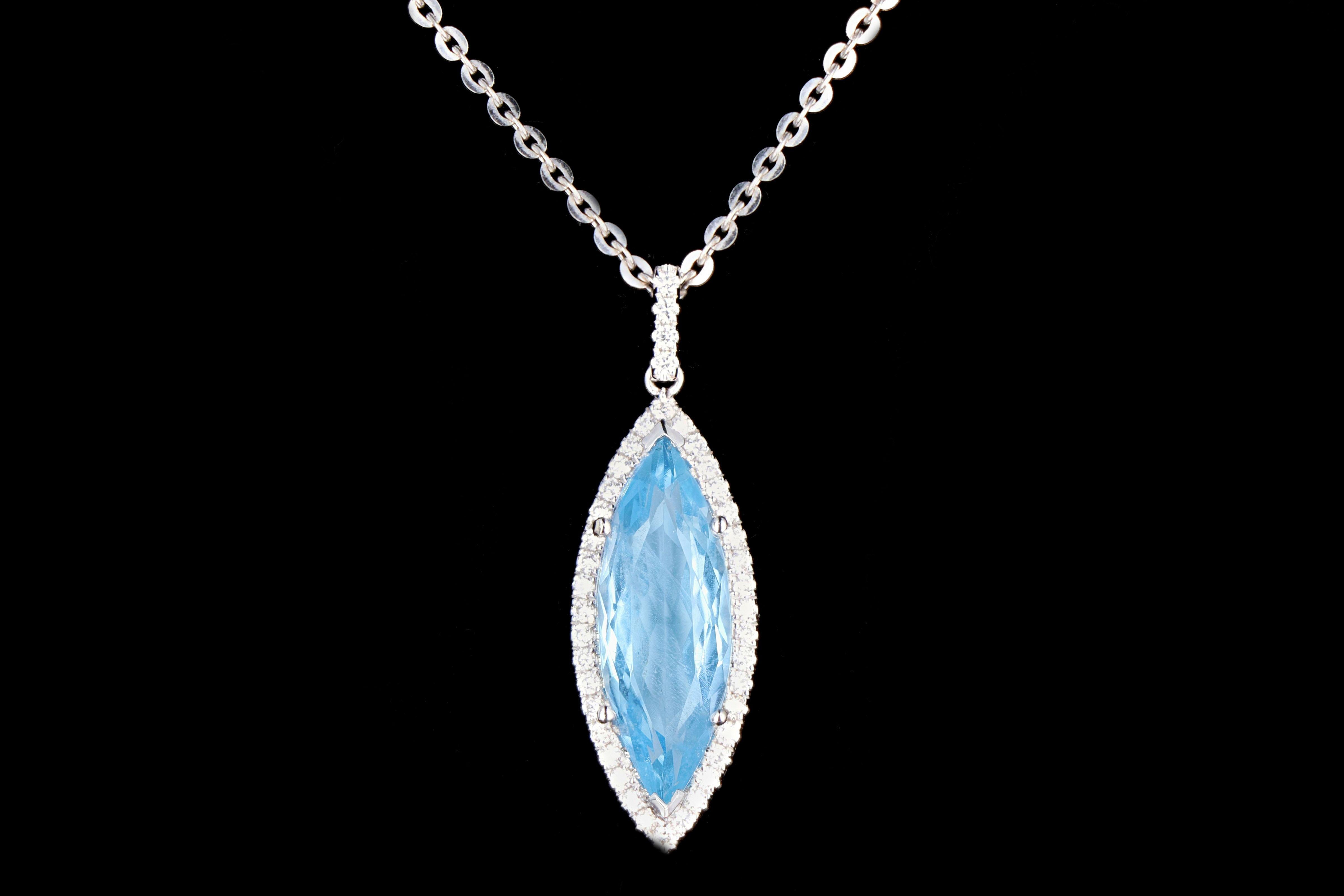 14 Karat White Gold 4.47 Carat Marquise Cut Aquamarine and Diamond Halo Necklace In New Condition In Cape May, NJ