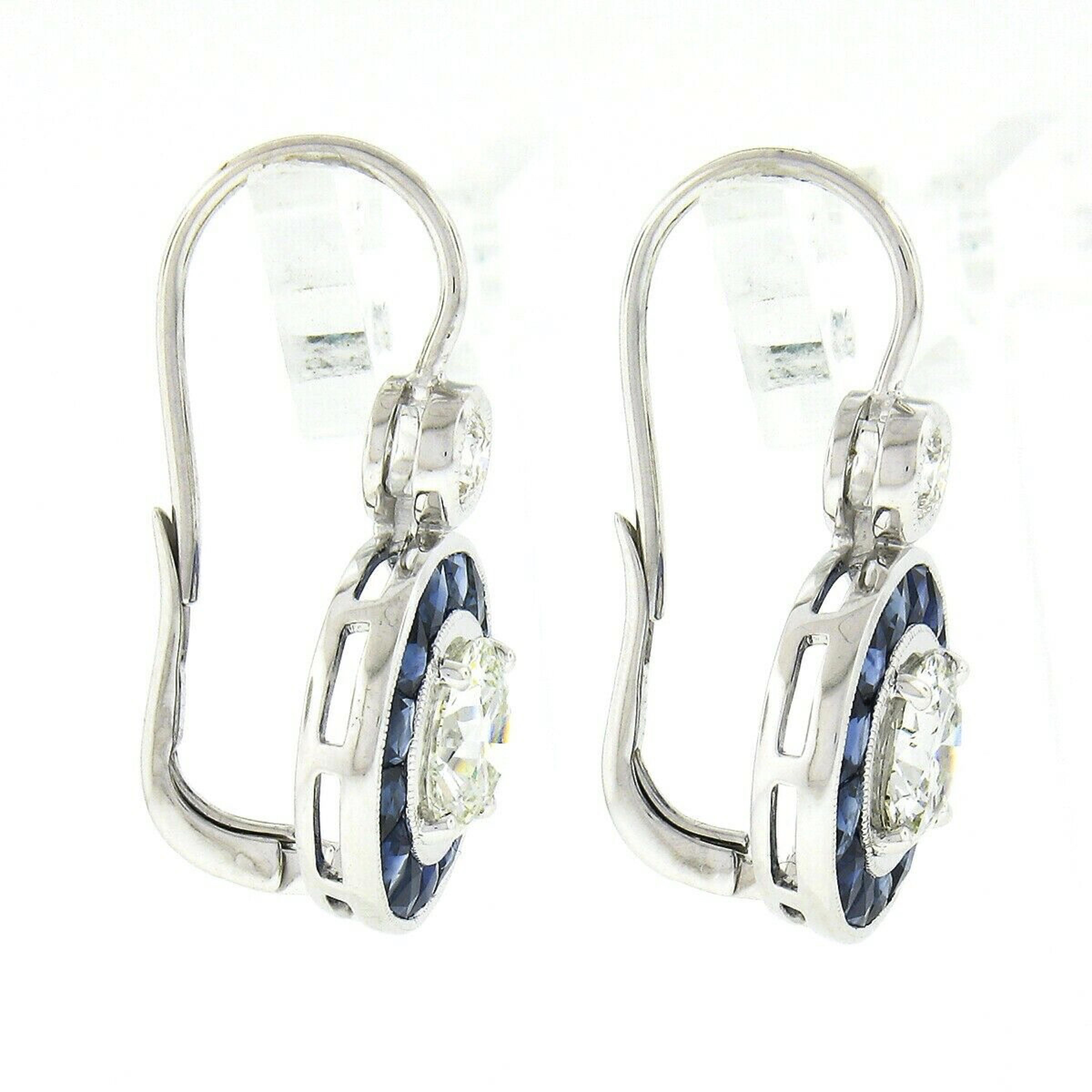 New 14k White Gold 4.73ctw GIA Round Diamond Calibre Sapphire Halo Drop Earrings In New Condition For Sale In Montclair, NJ