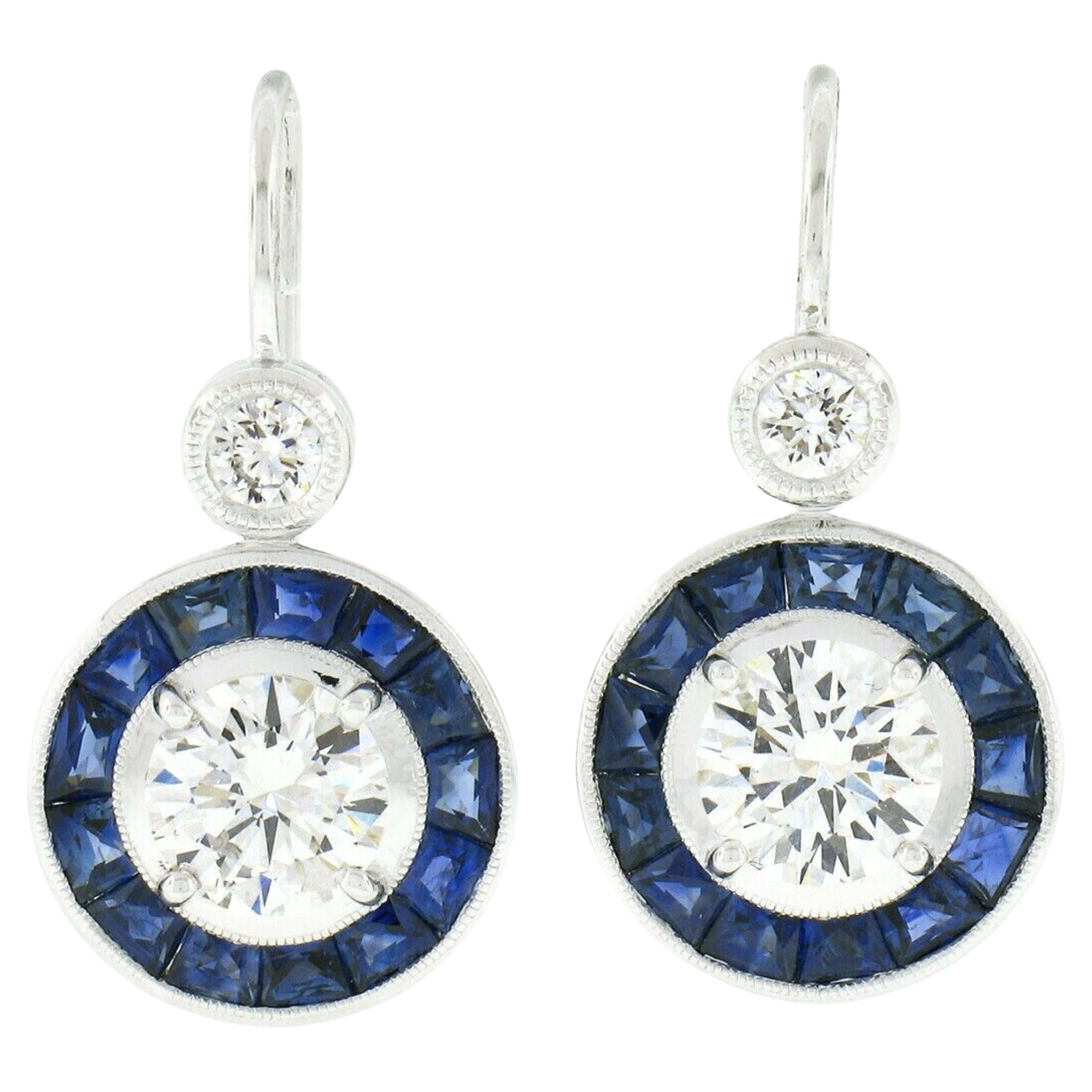 New 14k White Gold 4.73ctw GIA Round Diamond Calibre Sapphire Halo Drop Earrings For Sale