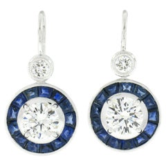 New 14k White Gold 4.73ctw GIA Round Diamond Calibre Sapphire Halo Drop Earrings